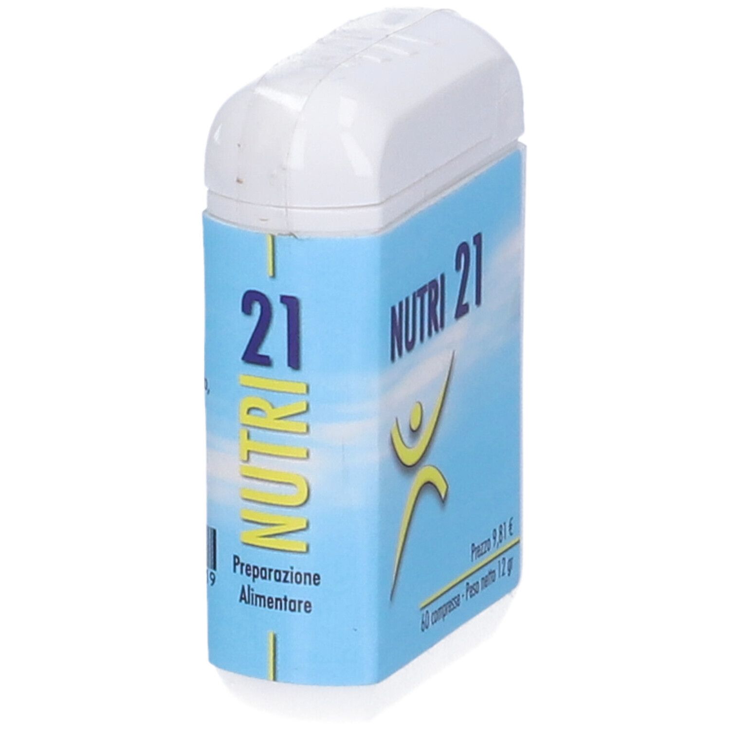 Contenitore bianco con etichetta blu. Scritta: NUTRI 21, figura gialla. 60 compresse, 12 g. Prezzo 9,81 €.