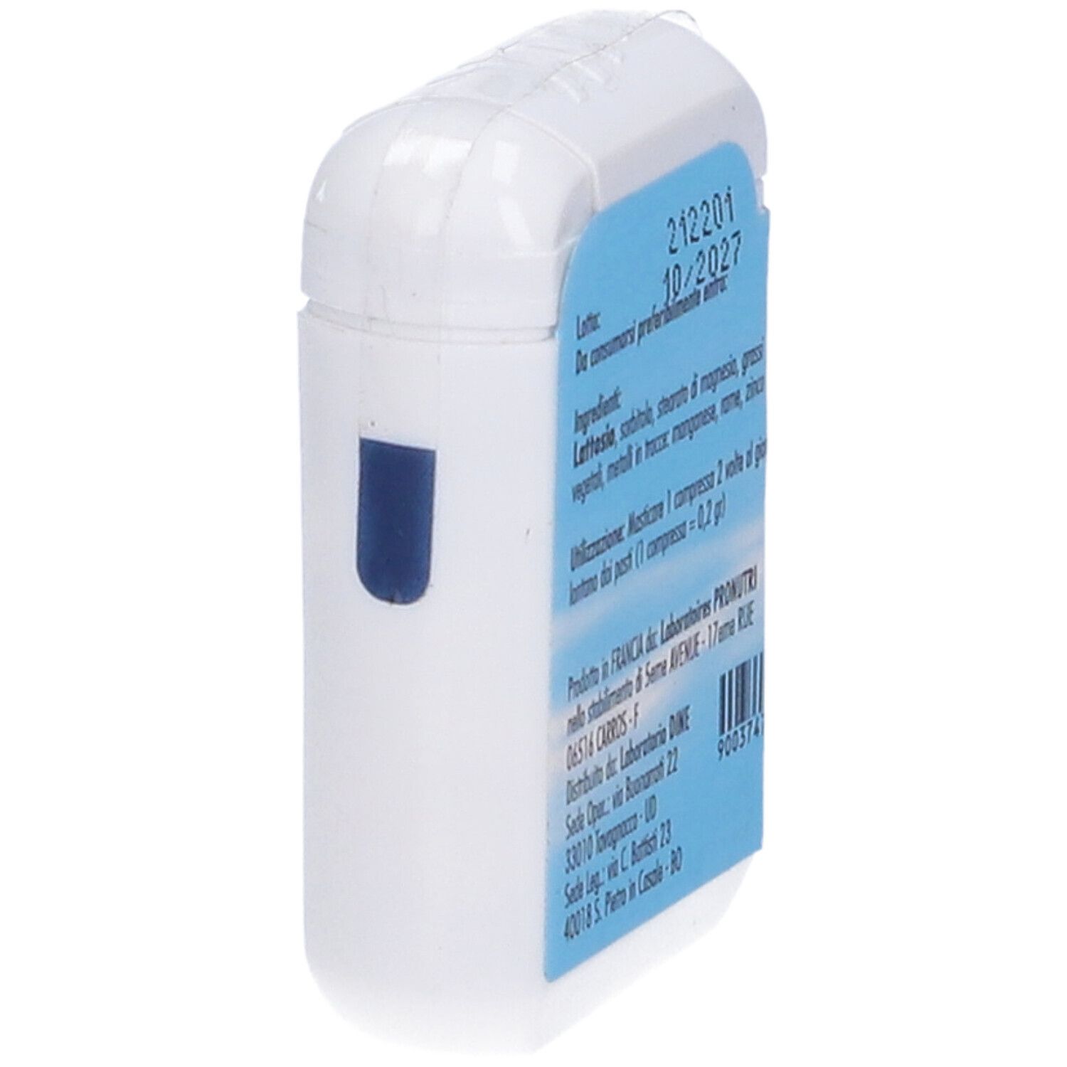 Contenitore bianco con etichetta blu. Scritta: NUTRI 21, ingredienti, scadenza 10/2027. Informazioni produttore.