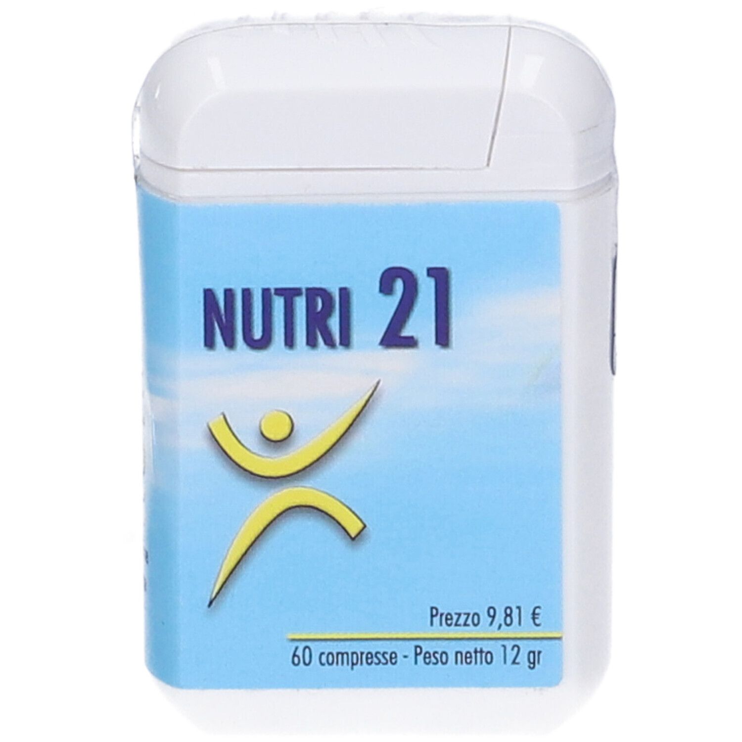 Contenitore bianco con etichetta blu. Scritta: NUTRI 21, figura gialla. 60 compresse, 12 g. Prezzo 9,81 €.