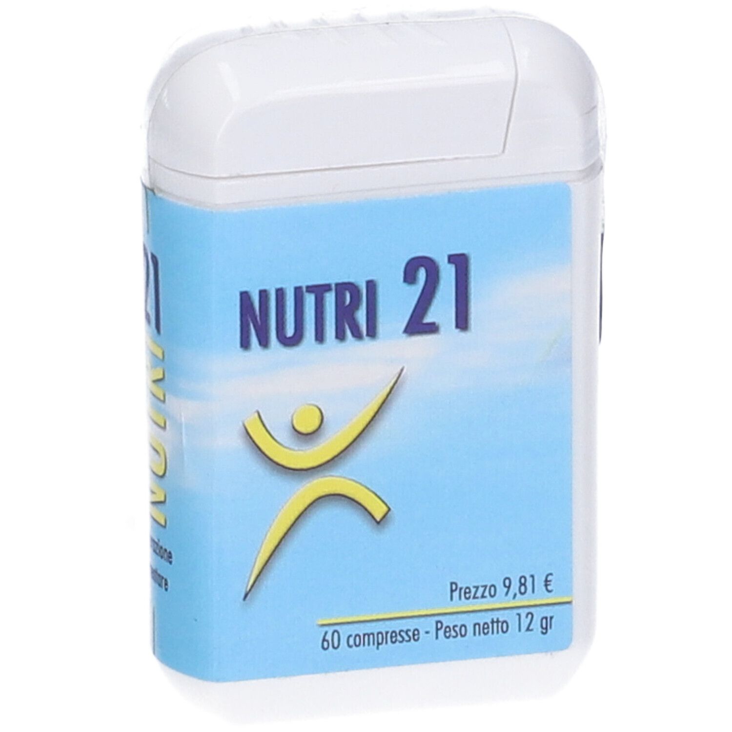 Contenitore bianco con etichetta blu. Scritta: NUTRI 21, figura gialla. 60 compresse, 12 g. Prezzo 9,81 €.