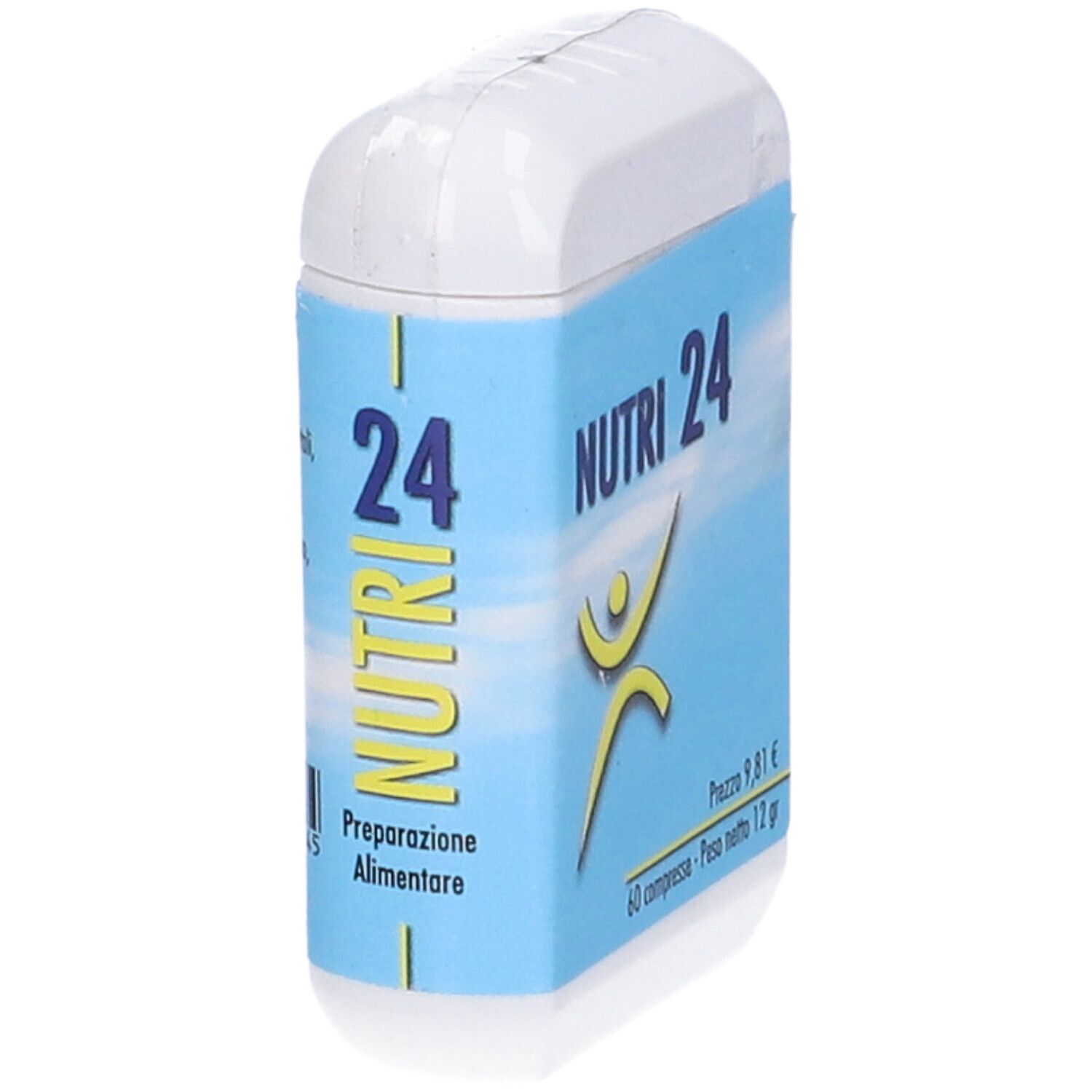Scatola bianca rettangolare con etichetta blu. Scritto: NUTRI 24. Contiene 60 compresse. Prezzo: 9,81 €.