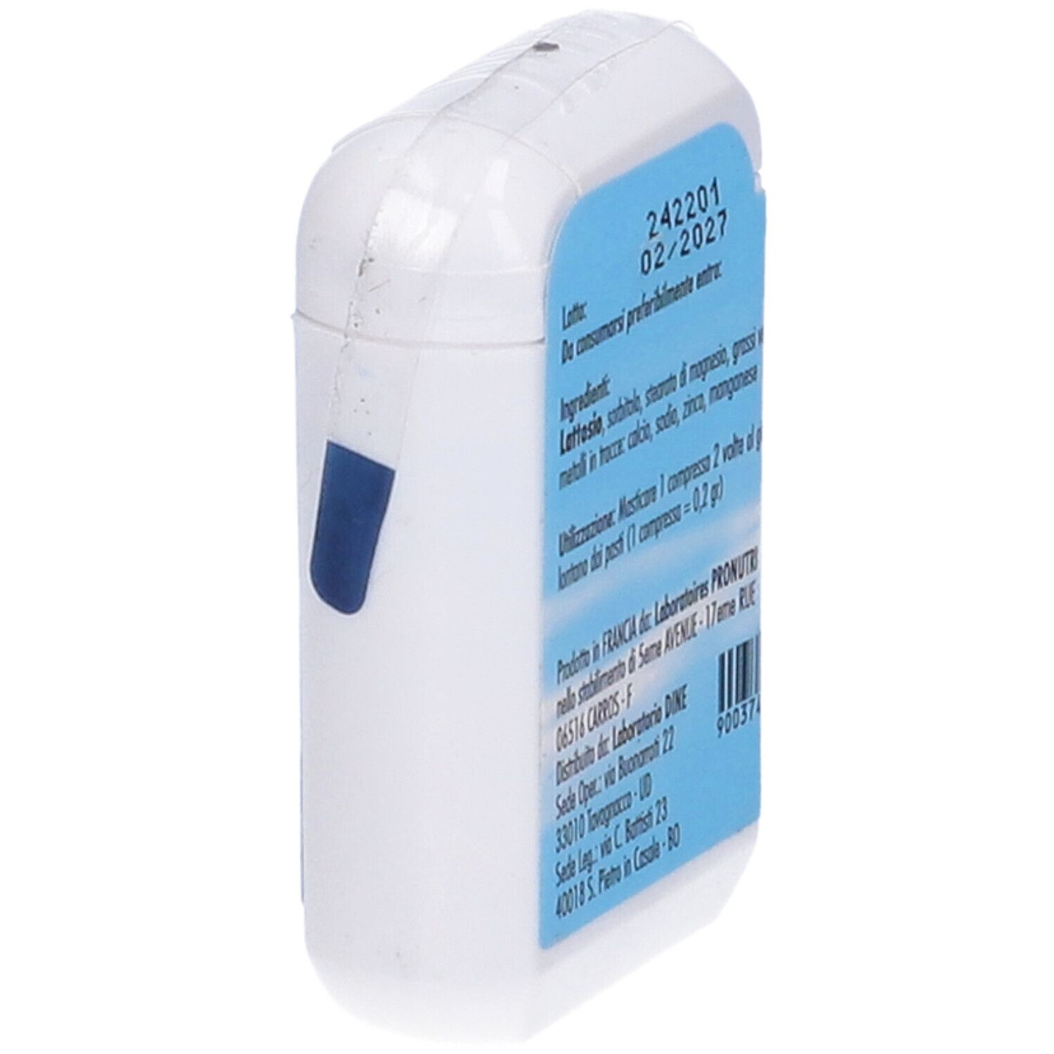 Scatola bianca rettangolare con etichetta blu. Testo: Ingredienti, data di scadenza, informazioni produttore. Contiene 60 compresse.