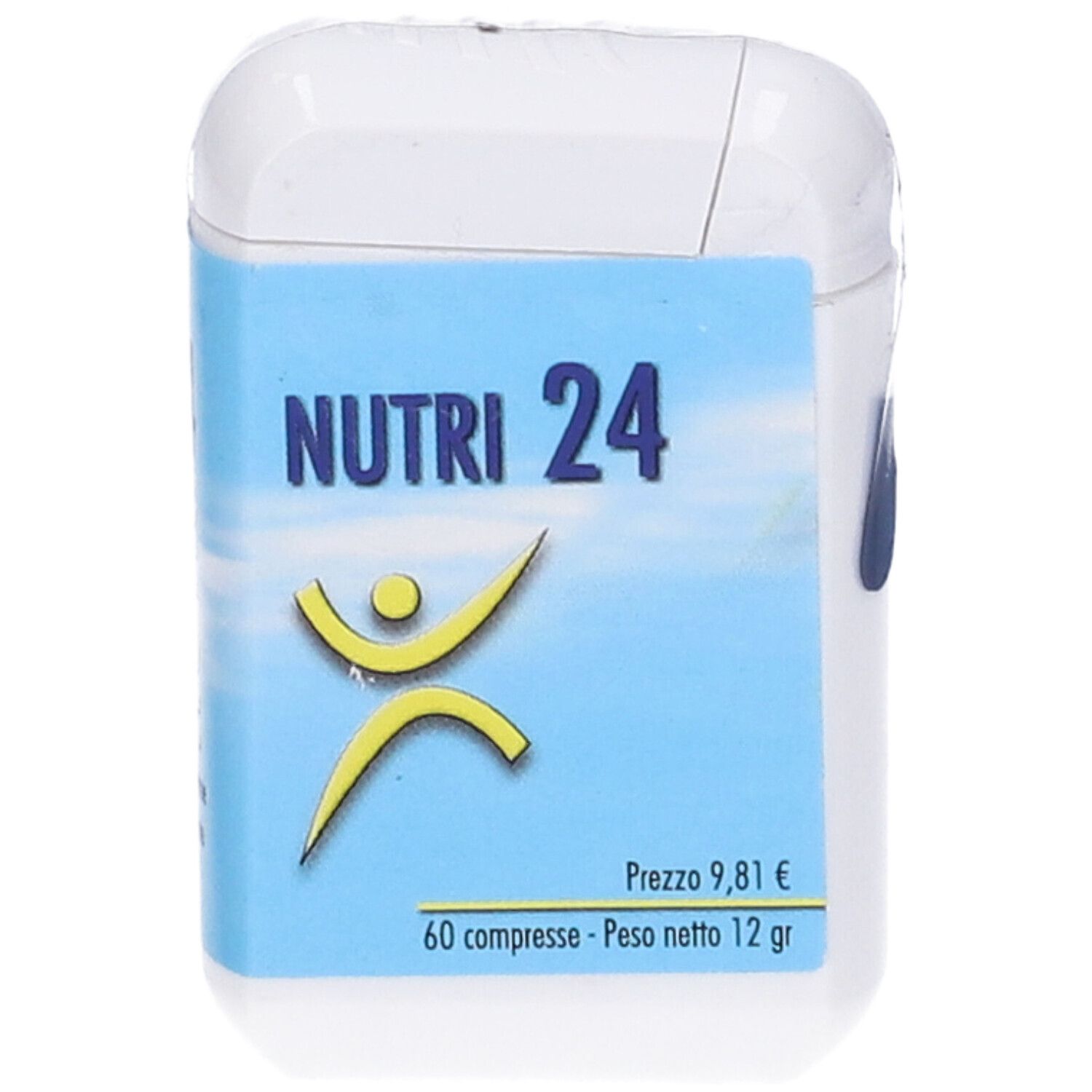Scatola bianca rettangolare con etichetta blu. Scritto: NUTRI 24. Contiene 60 compresse. Prezzo: 9,81 €.