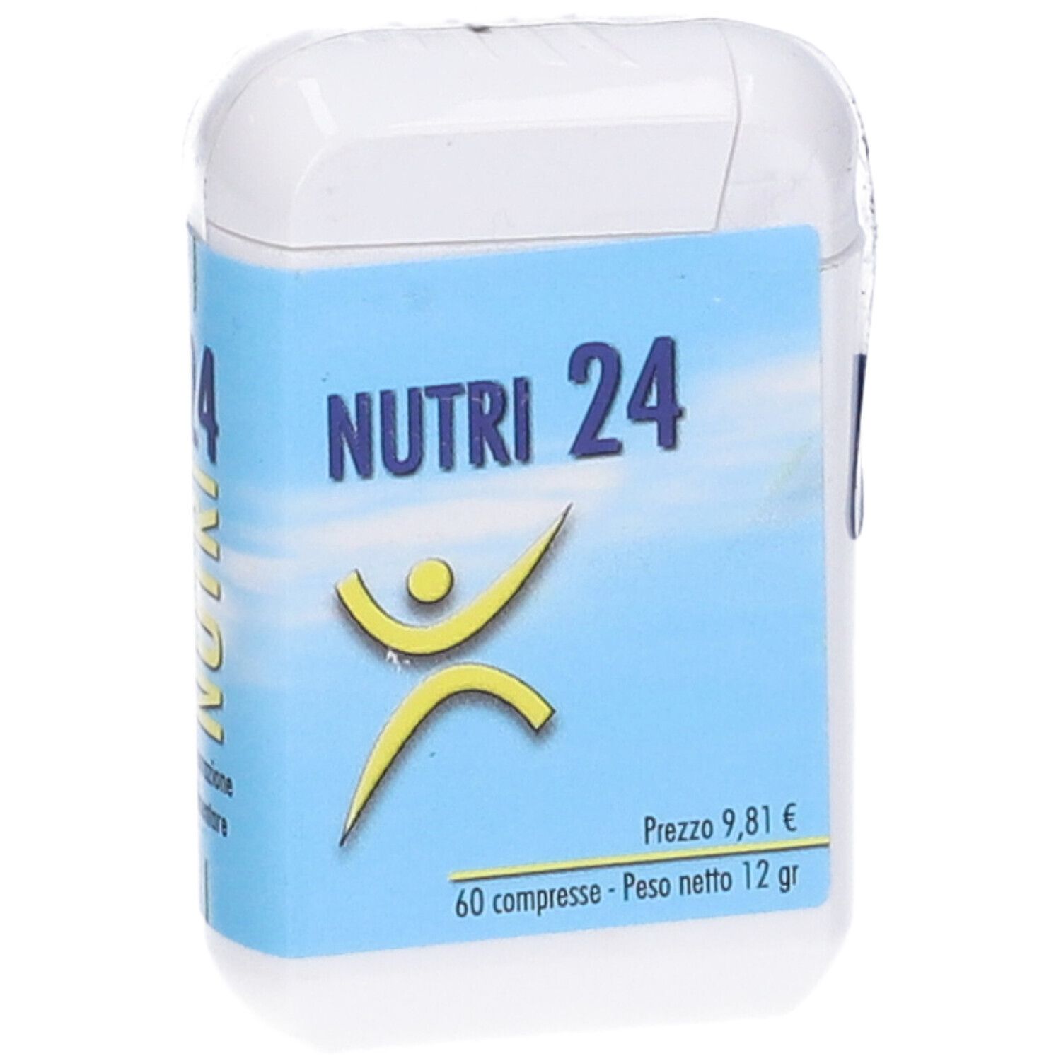 Scatola bianca rettangolare con etichetta blu. Scritto: NUTRI 24. Contiene 60 compresse. Prezzo: 9,81 €.