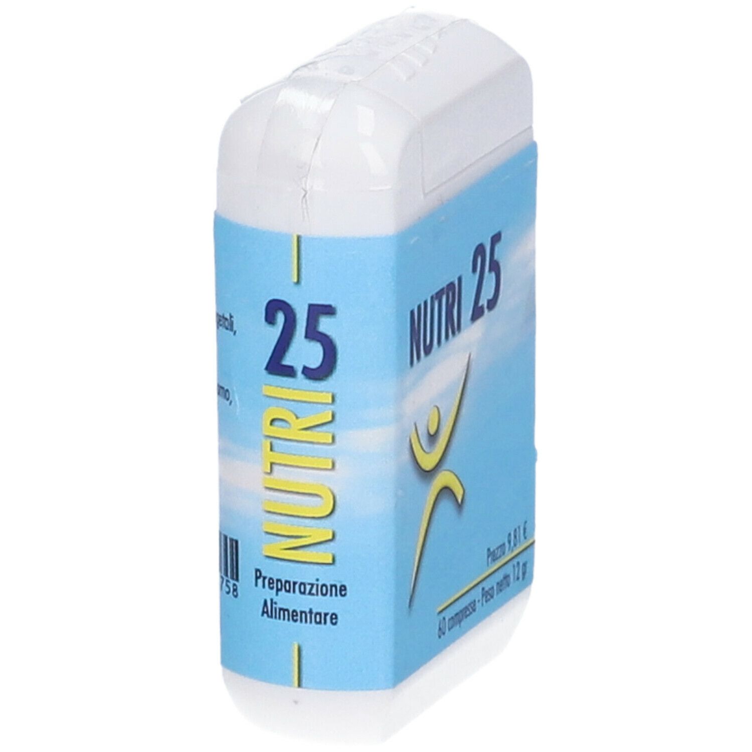 Contenitore bianco con etichetta blu. Scritta: NUTRI 25, logo giallo, 60 compresse, 12 g.