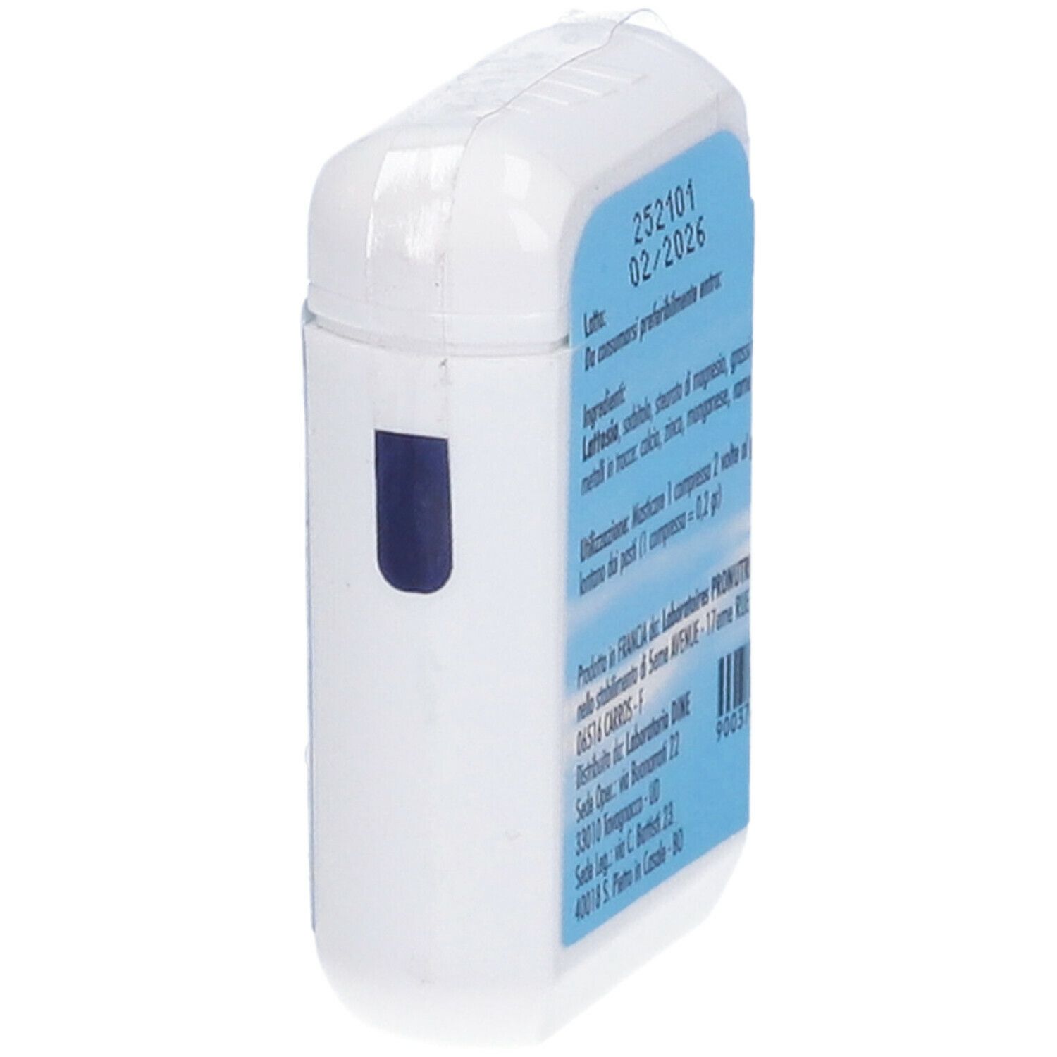 Contenitore bianco con etichetta blu. Testo: ingredienti, utilizzo, indirizzo produttore, numero lotto, data scadenza.