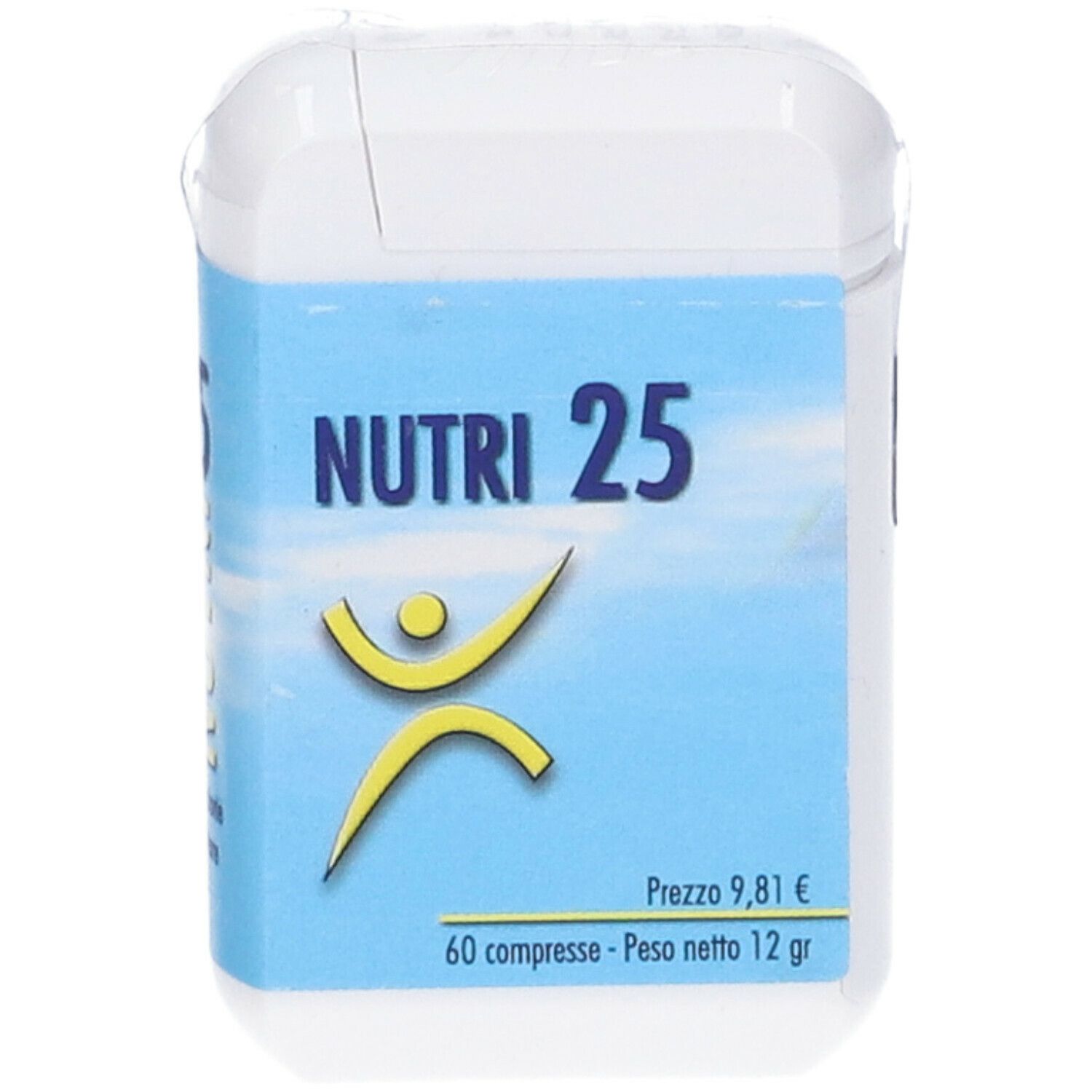 Contenitore bianco con etichetta blu. Scritta: NUTRI 25, logo giallo, 60 compresse, 12 g.