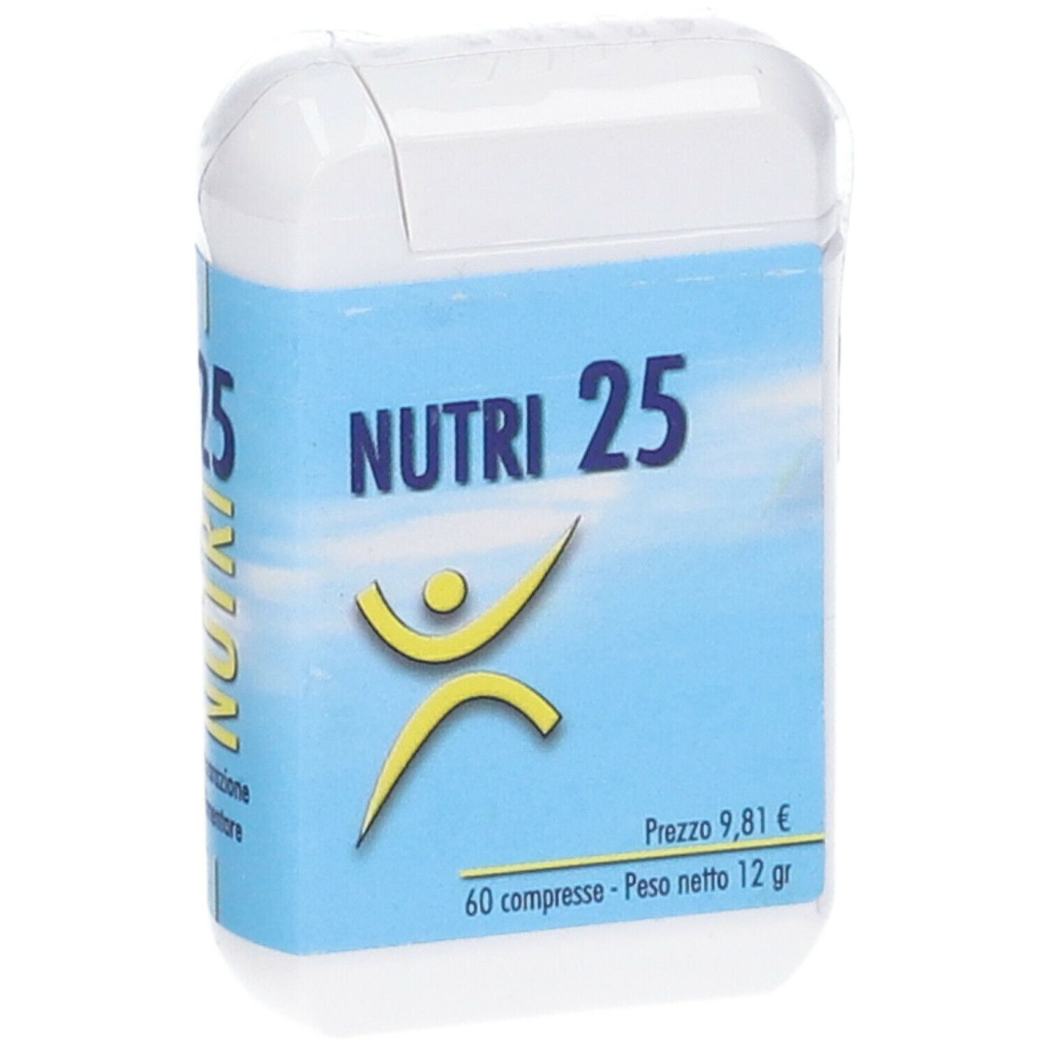 Contenitore bianco con etichetta blu. Scritta: NUTRI 25, logo giallo, 60 compresse, 12 g.