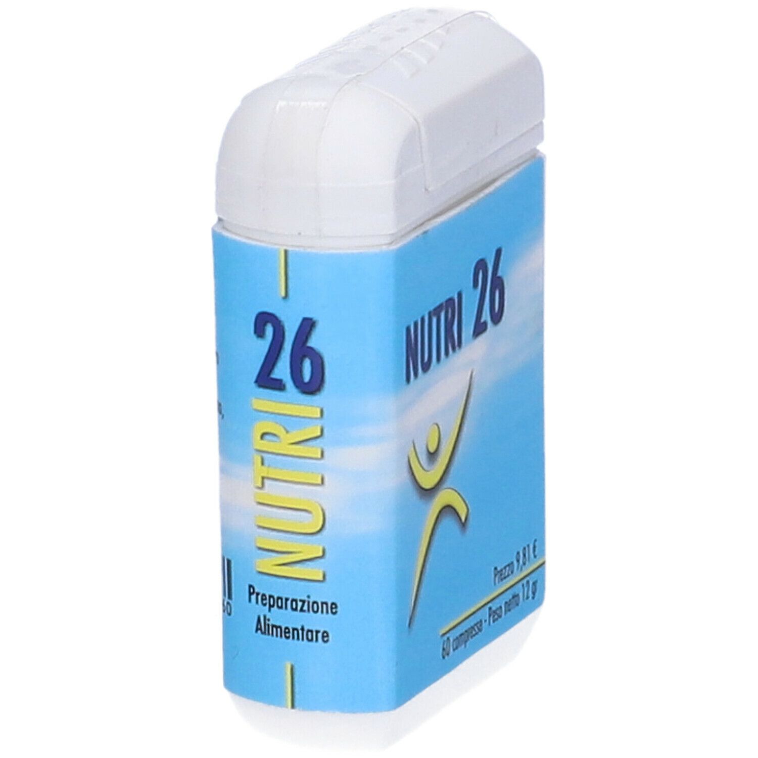 Contenitore bianco con etichetta blu. Scritta: NUTRI 26, logo, 60 compresse, prezzo 9,81€, peso 12 g.