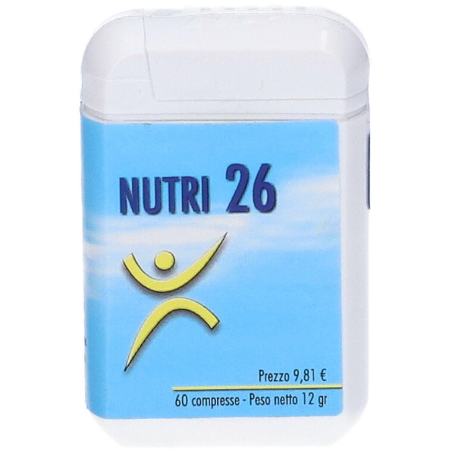 Contenitore bianco con etichetta blu. Scritta: NUTRI 26, logo, 60 compresse, prezzo 9,81€, peso 12 g.
