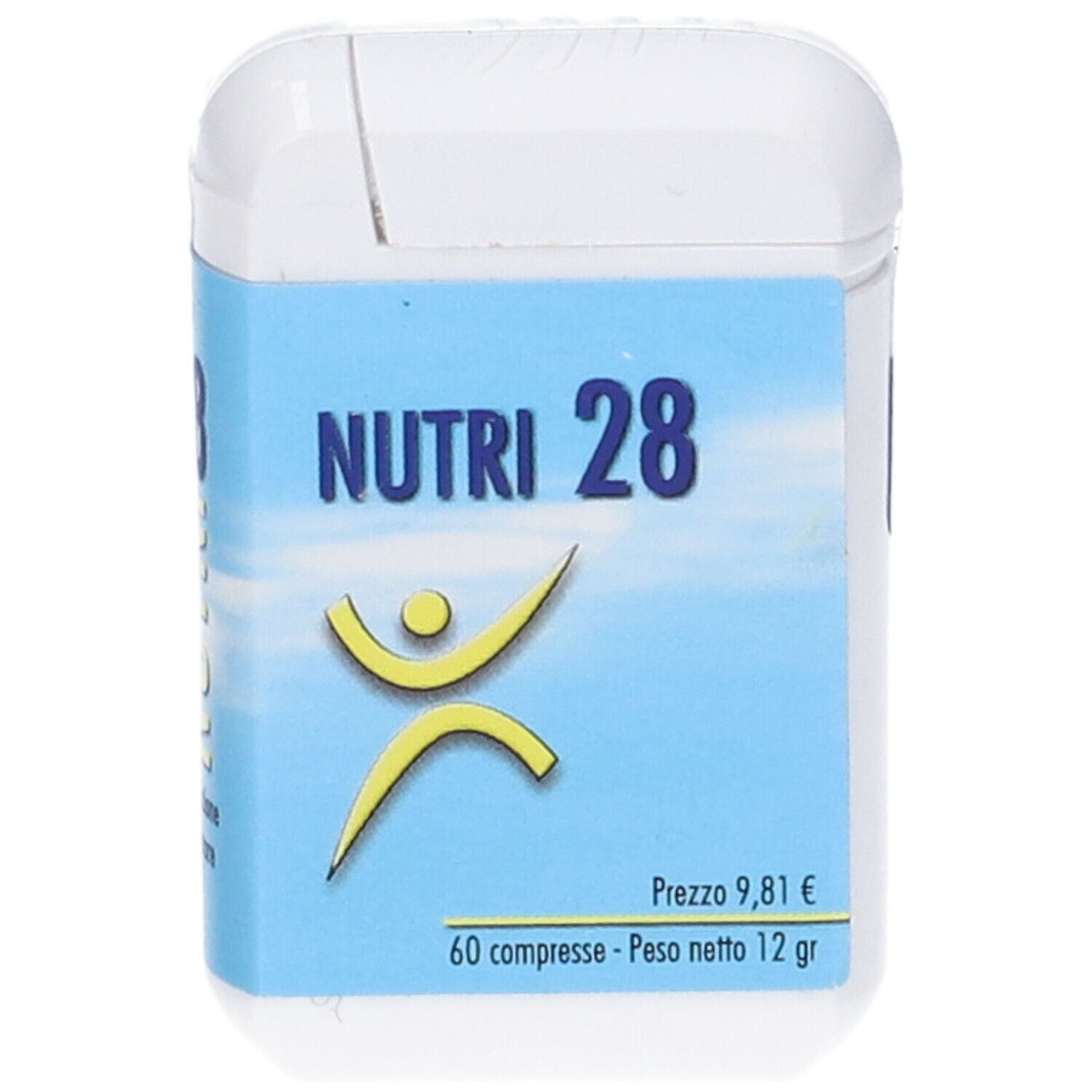 Scatola bianca di compresse con etichetta blu. Scritto: NUTRI 28, 60 compresse, 12 g. Prezzo 9,81 €.