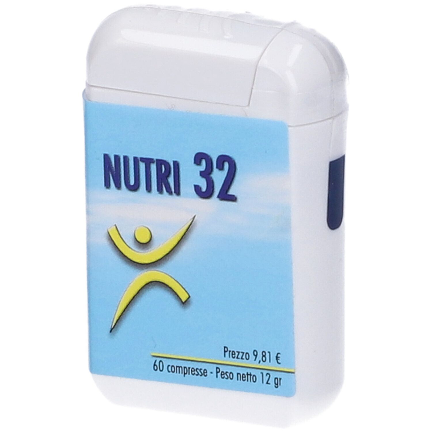 Contenitore bianco con etichetta blu. Scritta: NUTRI 32, prezzo, 60 compresse. Forma arrotondata.
