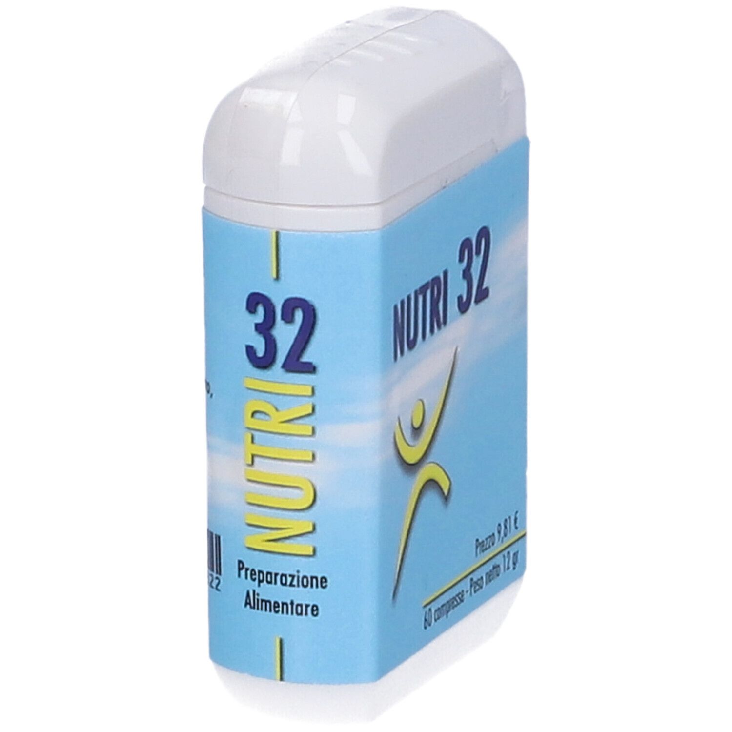 Contenitore bianco con etichetta blu. Scritta: NUTRI 32 e figura gialla. Forma arrotondata.