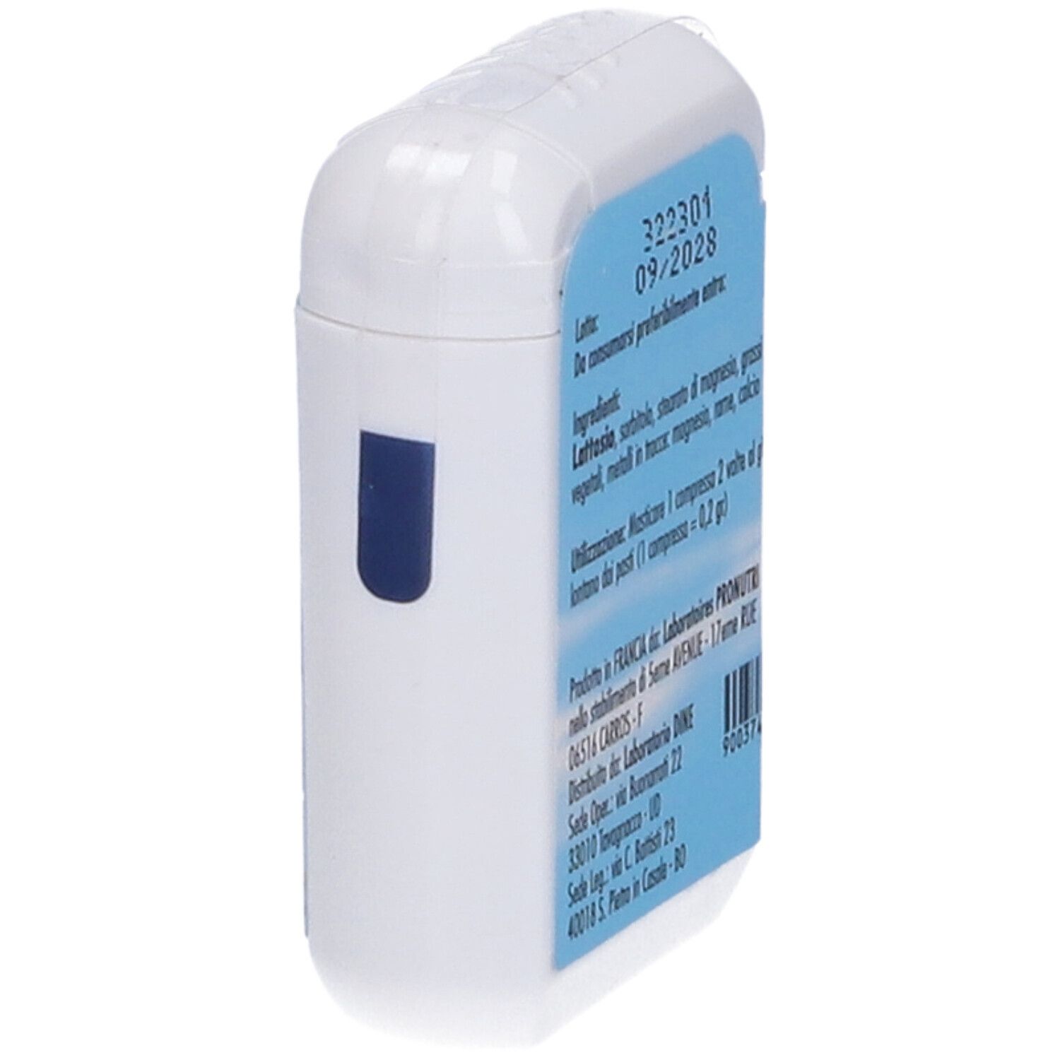 Contenitore bianco con etichetta blu. Scritta: NUTRI 32, ingredienti, data di scadenza. Forma arrotondata.