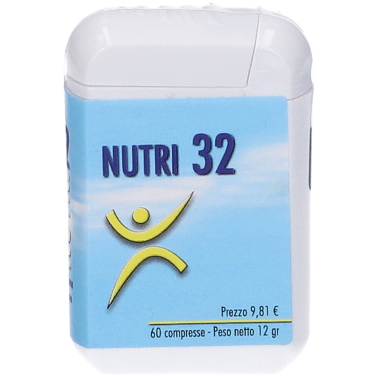 Contenitore bianco con etichetta blu. Scritta: NUTRI 32, prezzo, 60 compresse. Forma arrotondata.