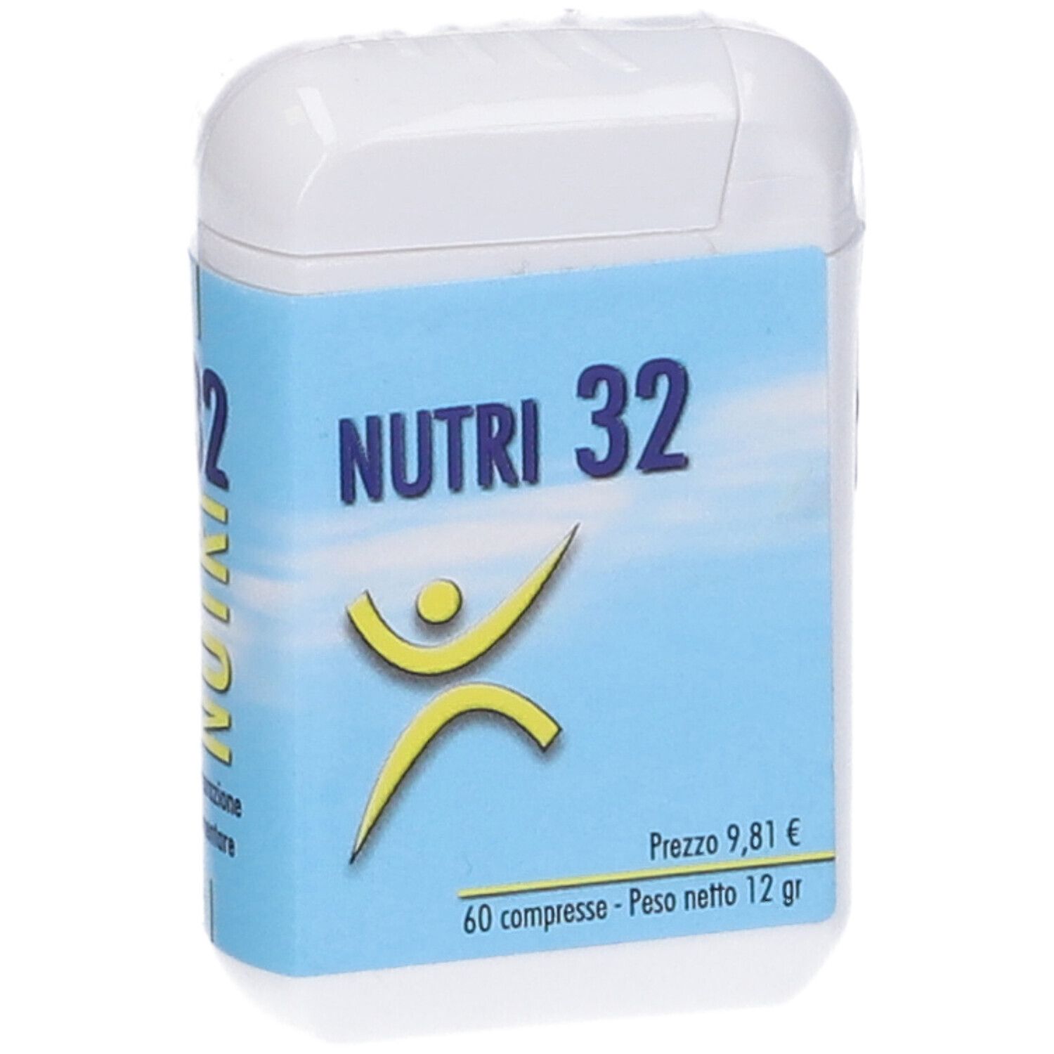 Contenitore bianco con etichetta blu. Scritta: NUTRI 32, prezzo, 60 compresse. Forma arrotondata.
