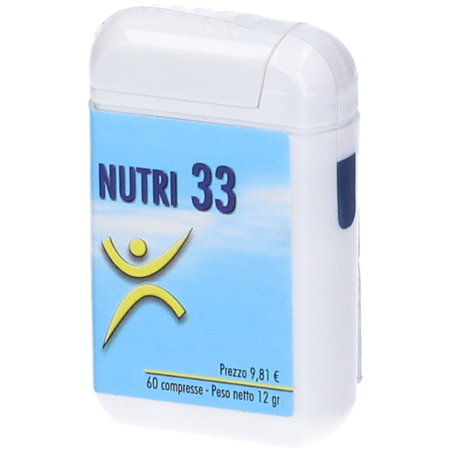 Scatola bianca con etichetta blu. Scritta: Nutri 33. Logo: figura gialla. Testo: 60 compresse, prezzo 9,81€, 12 gr.