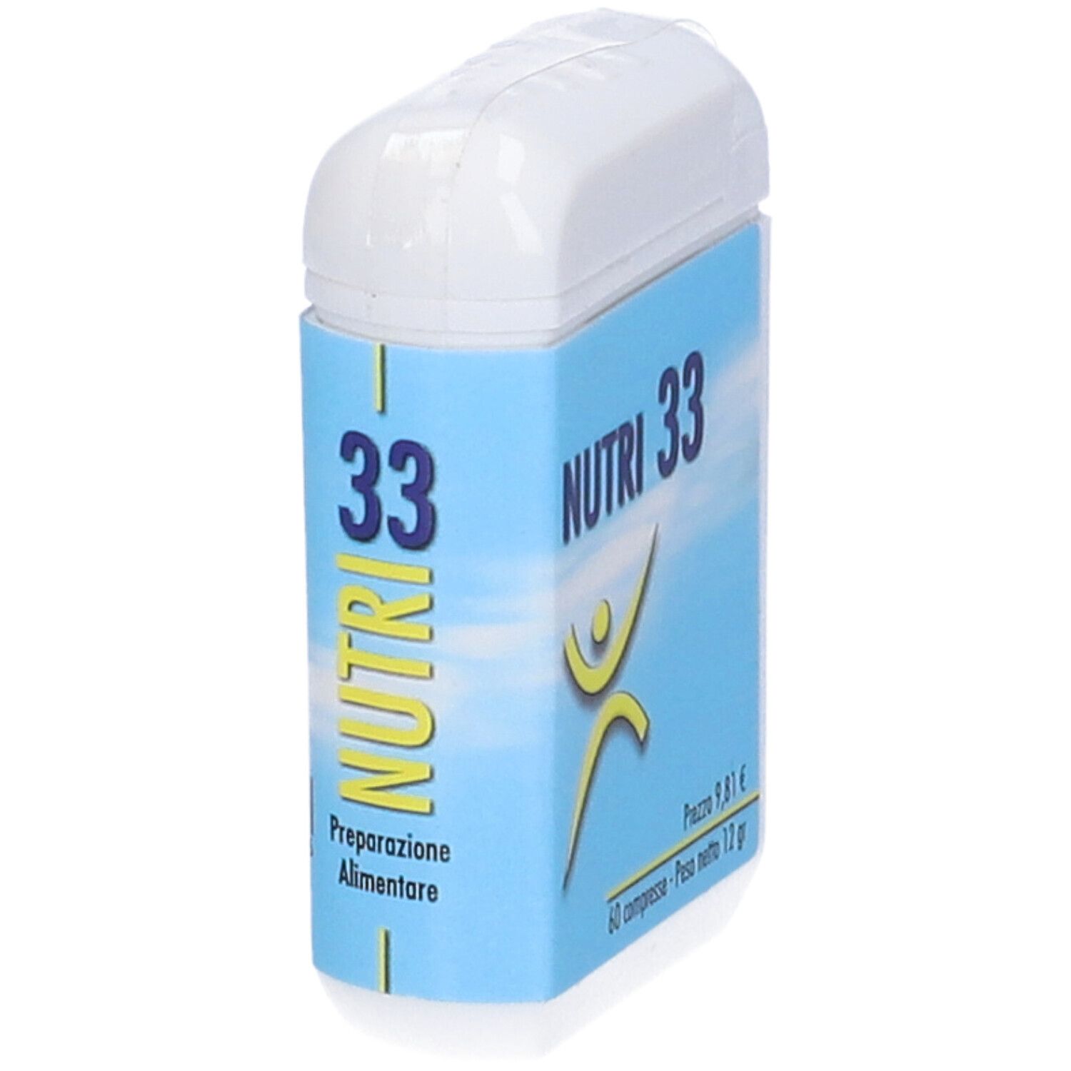 Scatola bianca con etichetta blu. Scritta: Nutri 33. Logo: figura gialla. Testo: 60 compresse, prezzo 9,81€, 12 gr.