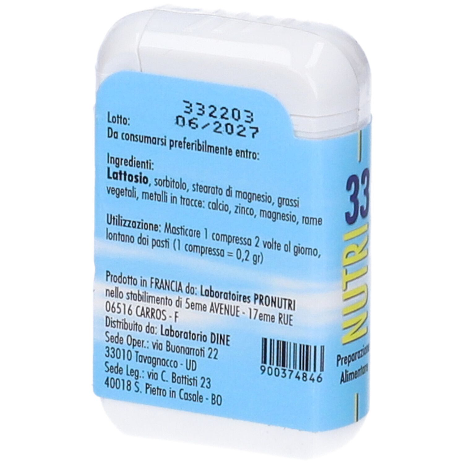 Scatola bianca con etichetta blu. Scritta: Nutri 33. Testo: 60 compresse. Stampato: ingredienti, uso, produttore.