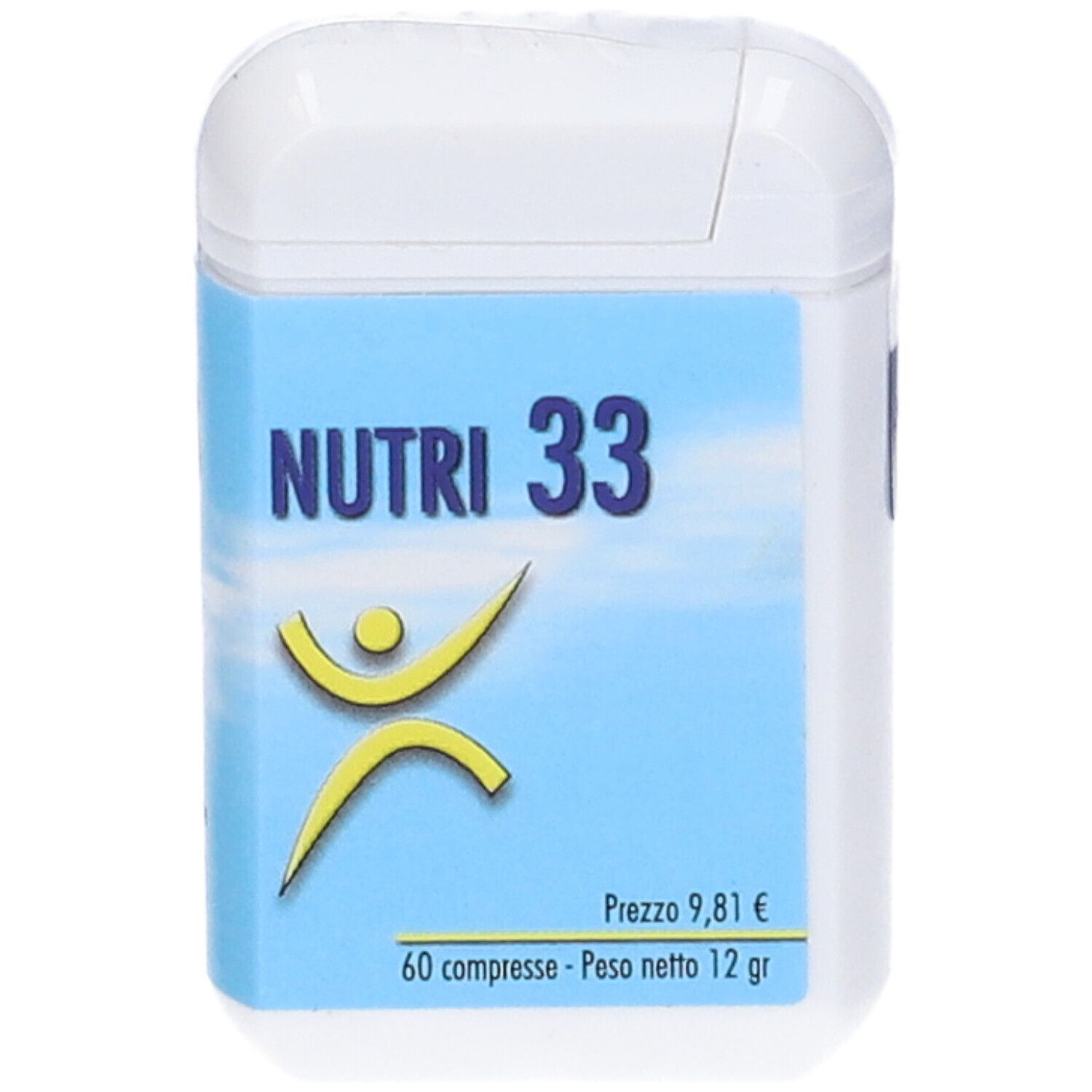 Scatola bianca con etichetta blu. Scritta: Nutri 33. Logo: figura gialla. Testo: 60 compresse, prezzo 9,81€, 12 gr.