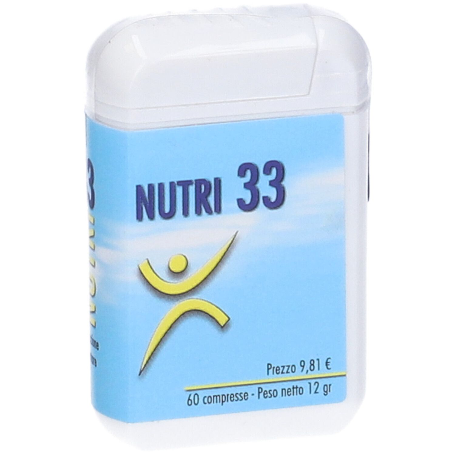 Scatola bianca con etichetta blu. Scritta: Nutri 33. Logo: figura gialla. Testo: 60 compresse, prezzo 9,81€, 12 gr.