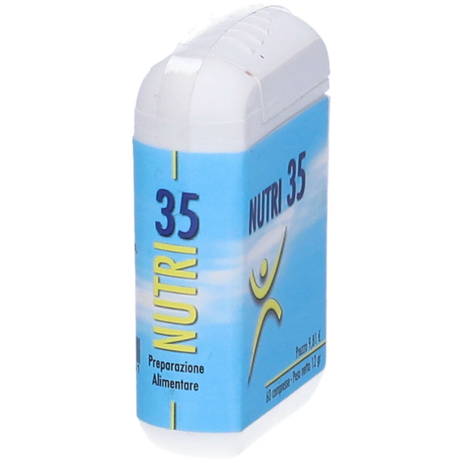 Confezione bianca di compresse con etichetta blu. Scritta: NUTRI 35, logo, 60 compresse. Prezzo e peso indicati.
