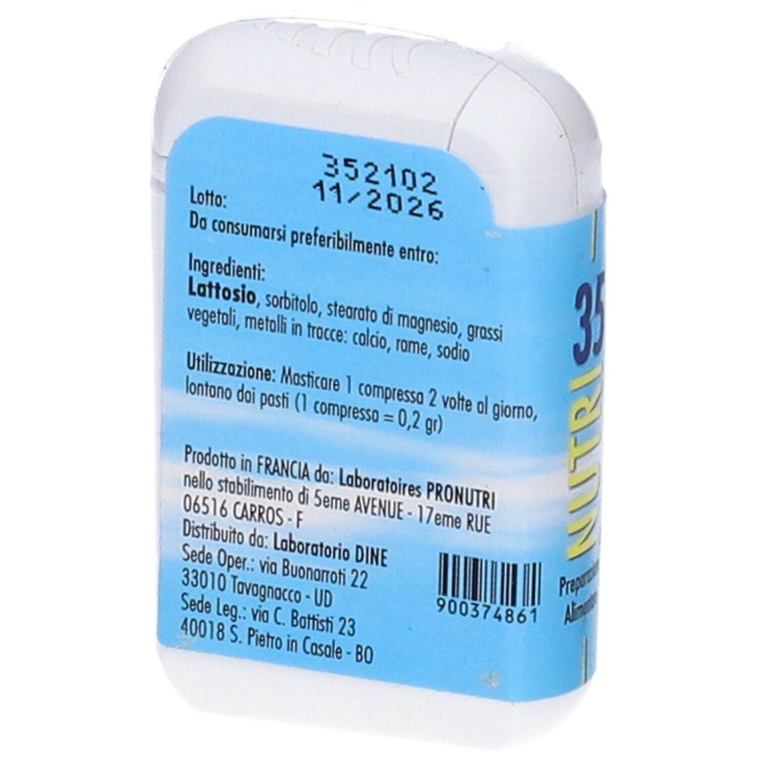 Confezione bianca di compresse con etichetta blu. Testo: ingredienti, uso, informazioni produttore e data di scadenza.