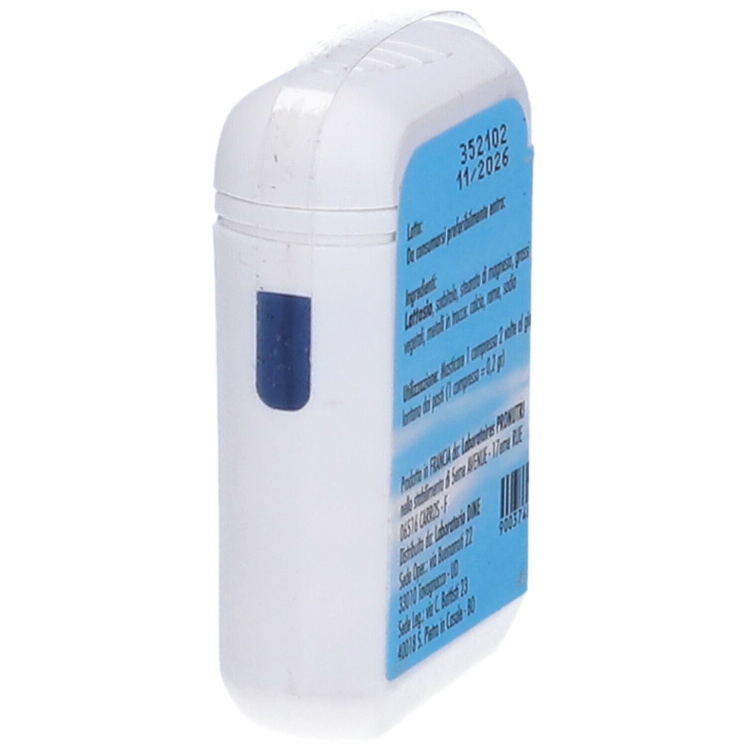 Confezione bianca di compresse con etichetta blu. Testo: ingredienti, uso, informazioni produttore e data di scadenza.