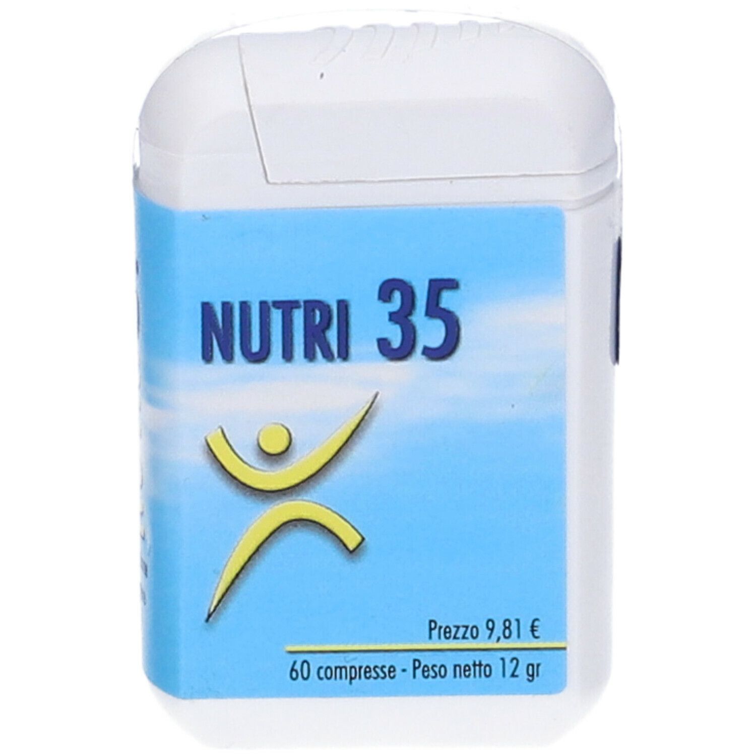 Confezione bianca di compresse con etichetta blu. Scritta: NUTRI 35, logo, 60 compresse. Prezzo e peso indicati.