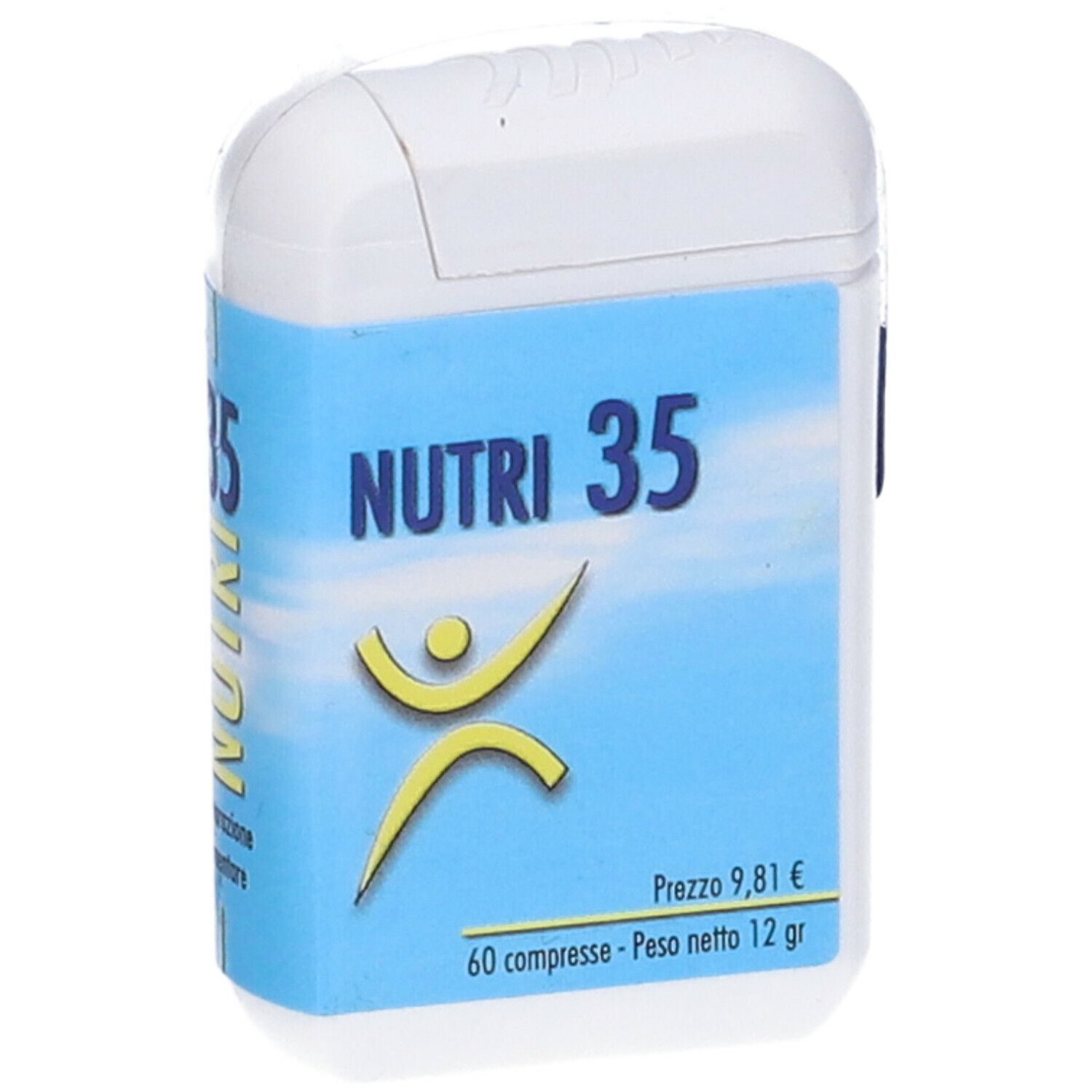 Confezione bianca di compresse con etichetta blu. Scritta: NUTRI 35, logo, 60 compresse. Prezzo e peso indicati.