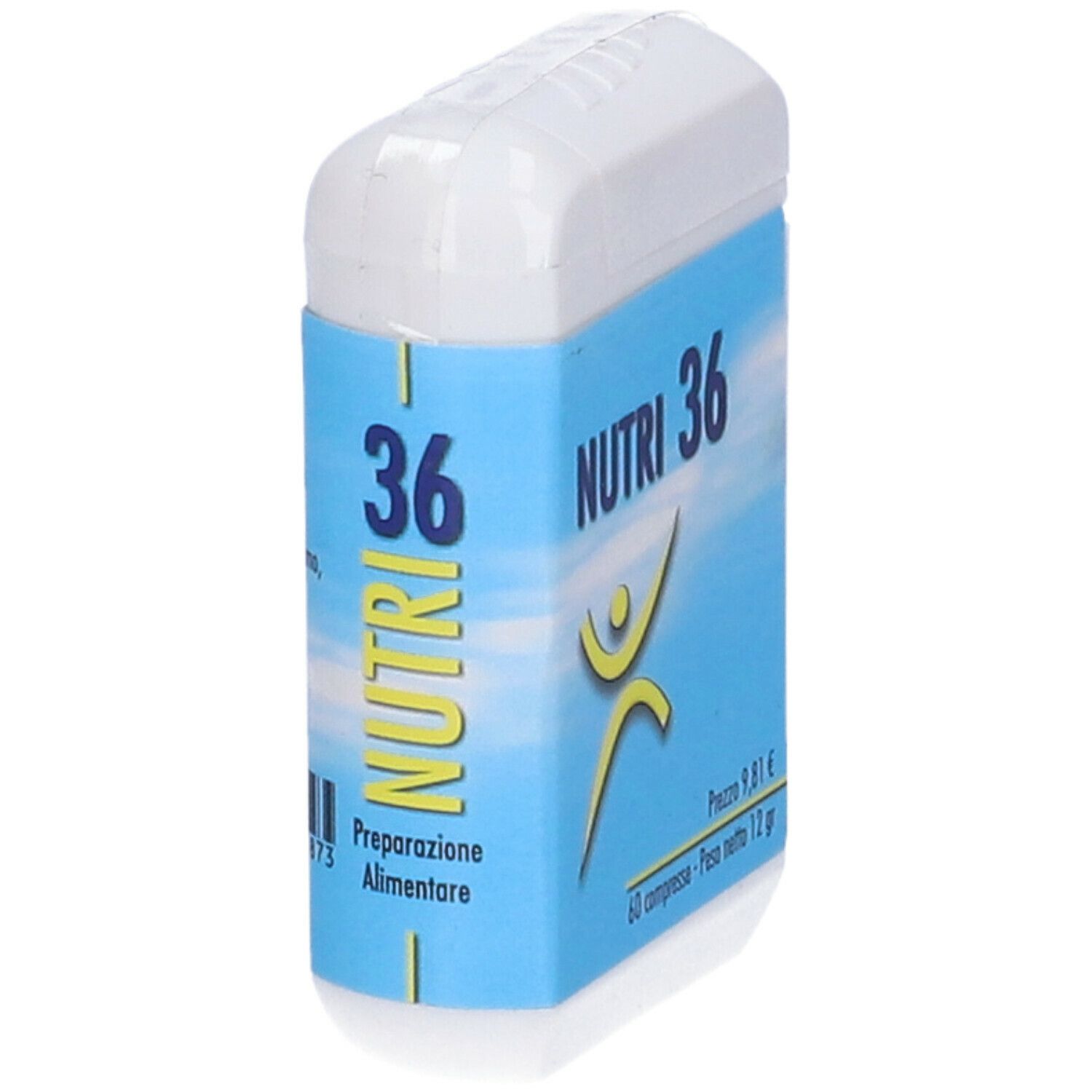 Scatola bianca rettangolare con etichetta blu. Scritta: NUTRI 36, figura gialla. 60 compresse, 12 g.