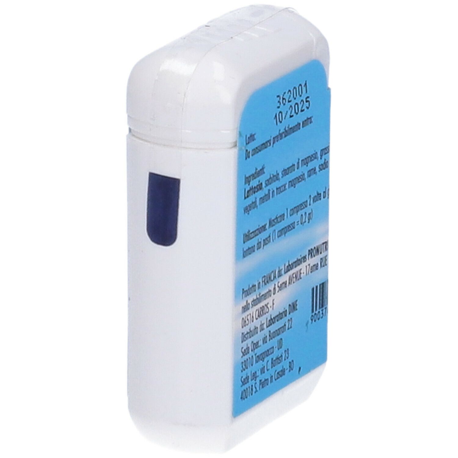 Scatola bianca rettangolare con etichetta blu. Scritta: Ingredienti, data di scadenza. Informazioni produttore.