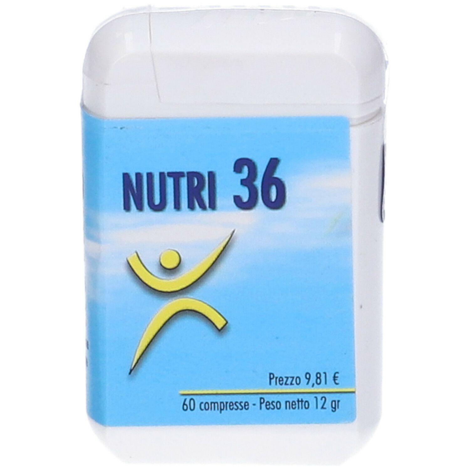 Scatola bianca rettangolare con etichetta blu. Scritta: NUTRI 36, figura gialla. Prezzo, 60 compresse, 12 g.