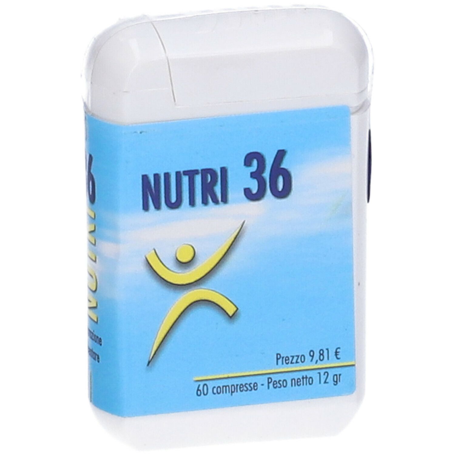 Scatola bianca rettangolare con etichetta blu. Scritta: NUTRI 36, figura gialla. Prezzo, 60 compresse, 12 g.