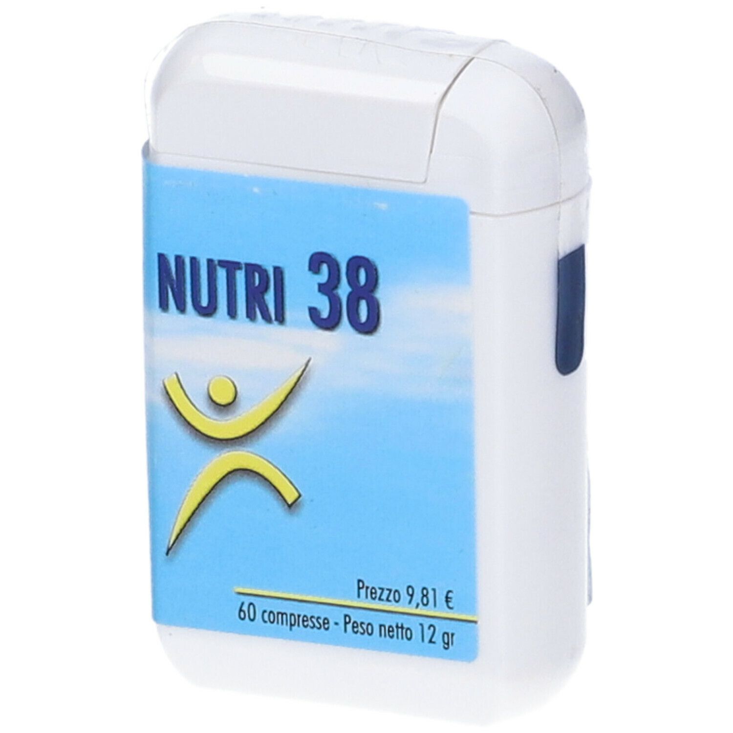 Scatola bianca per compresse con etichetta blu. Scritta: NUTRI 38, figura gialla, prezzo 9,81€. 60 compresse - Peso netto 12 gr.