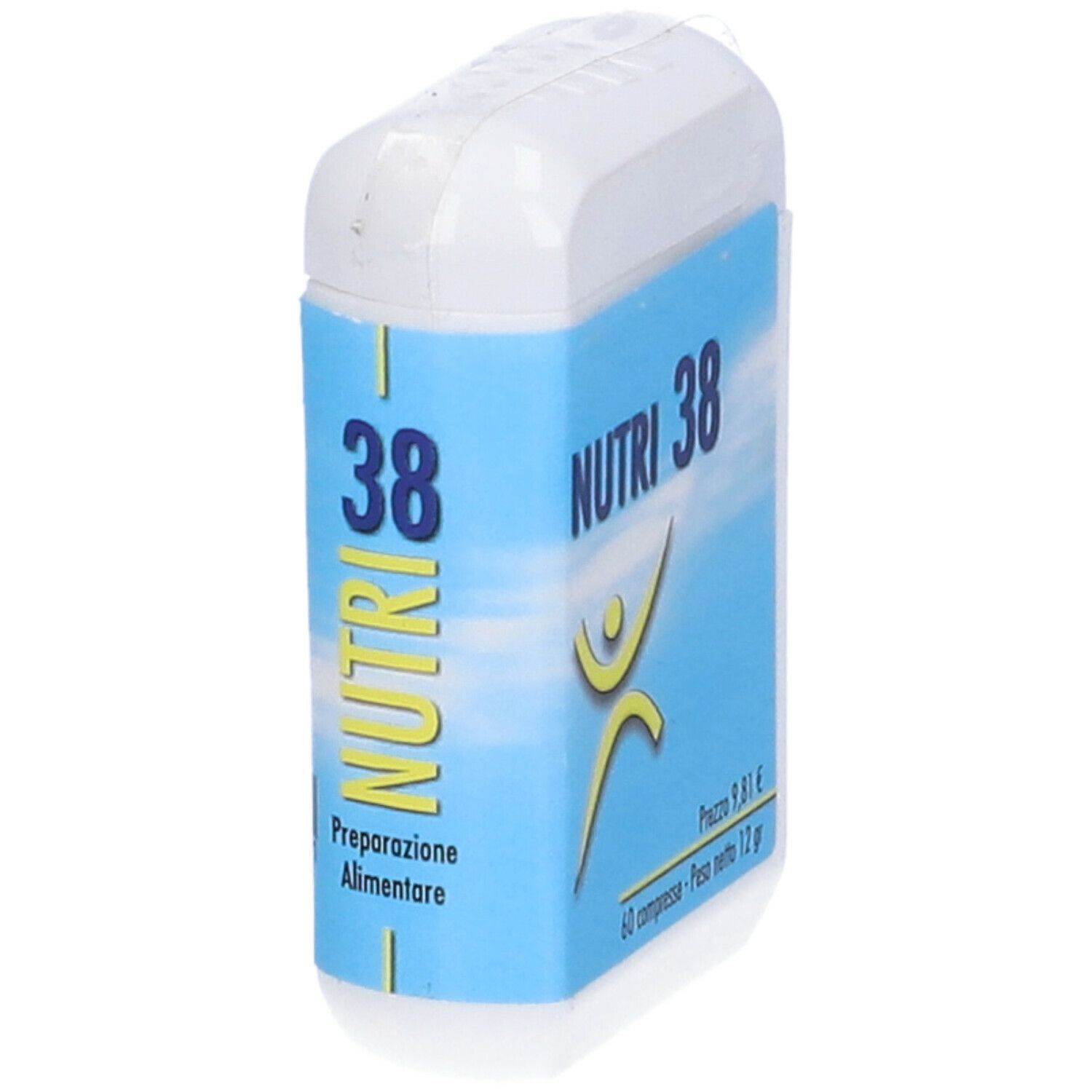 Scatola bianca per compresse con etichetta blu. Scritta: NUTRI 38, figura gialla. Retro con informazioni e data di scadenza.