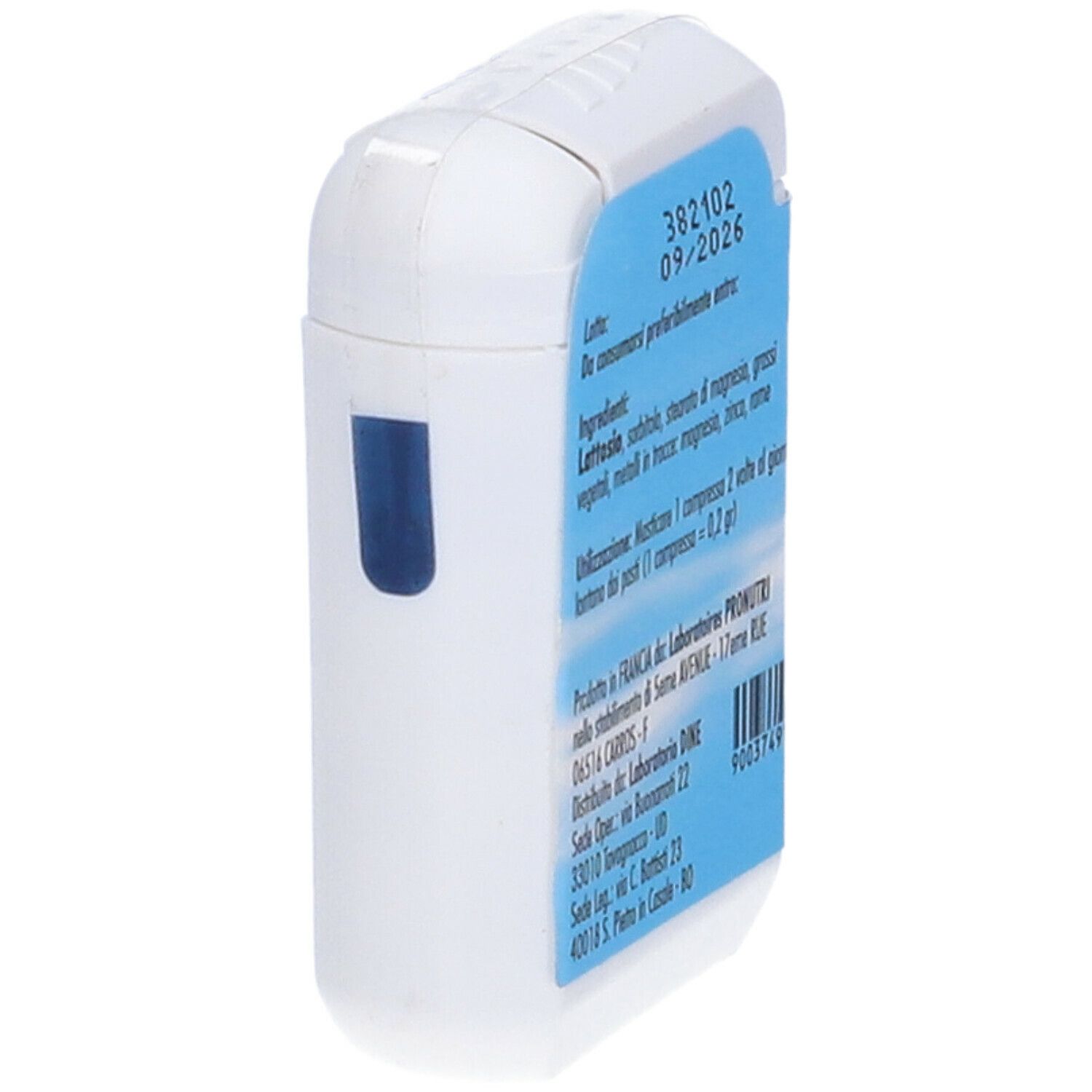 Scatola bianca per compresse con etichetta blu. Scritta: NUTRI 38, figura gialla. Retro con informazioni e data di scadenza.