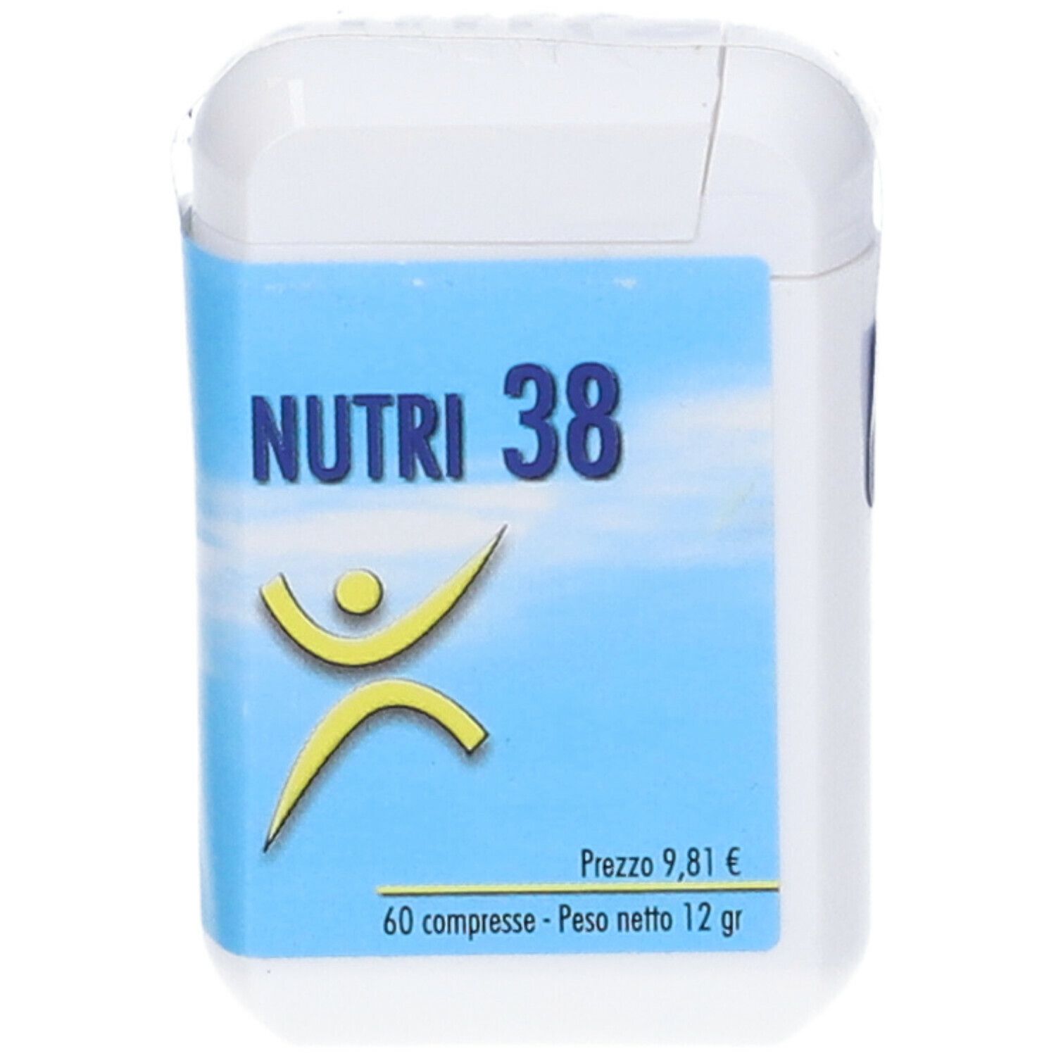Scatola bianca per compresse con etichetta blu. Scritta: NUTRI 38, figura gialla, prezzo 9,81€. 60 compresse - Peso netto 12 gr.