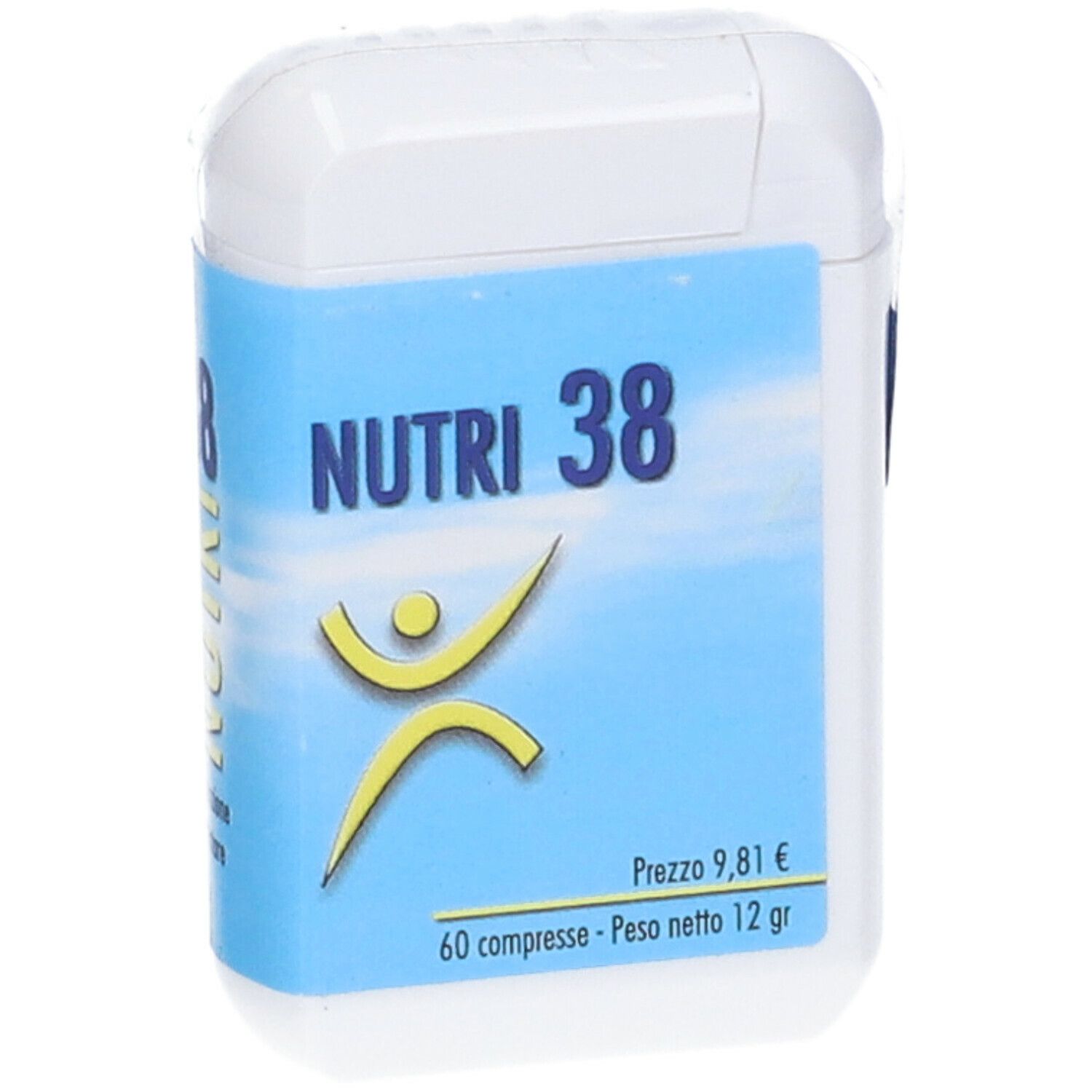Scatola bianca per compresse con etichetta blu. Scritta: NUTRI 38, figura gialla, prezzo 9,81€. 60 compresse - Peso netto 12 gr.