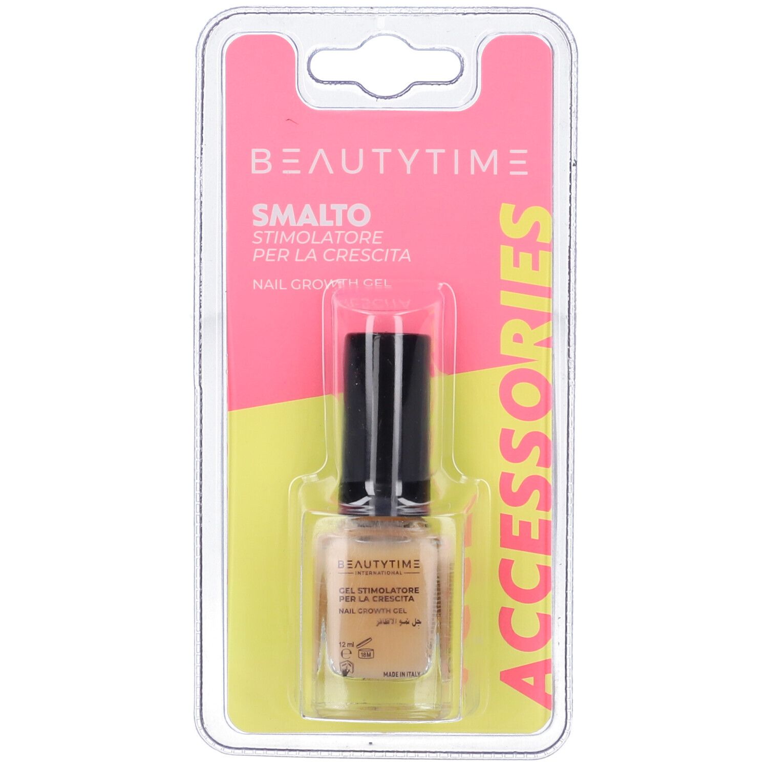 Gel per la crescita delle unghie in confezione blister. Scritta: Beautytime, Smalto Stimolatore Per La Crescita, Nail Growth Gel. Flacone nero.