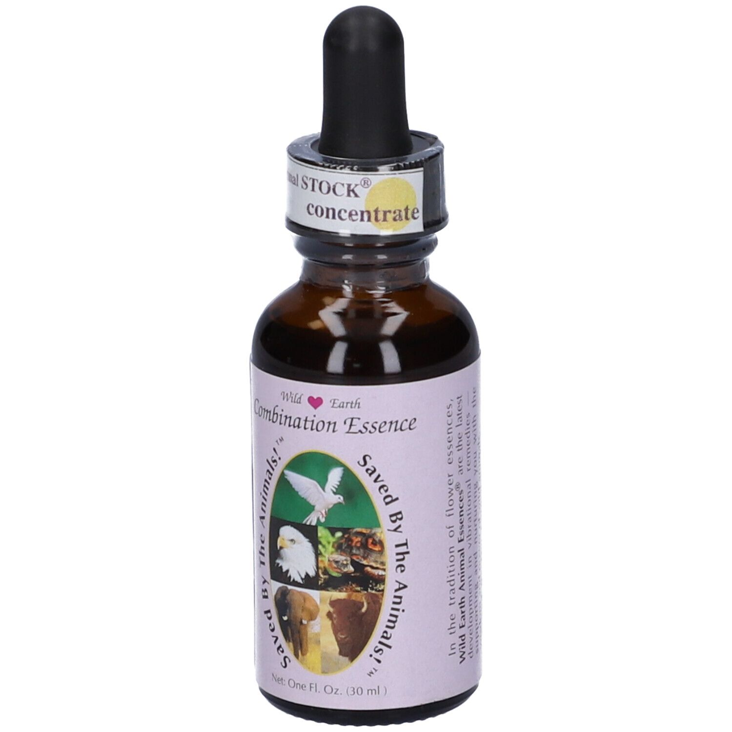 Flacone di vetro marrone con contagocce. Etichetta con testo e immagini di animali. "Saved By The Animals!" e "Combination Essence".
