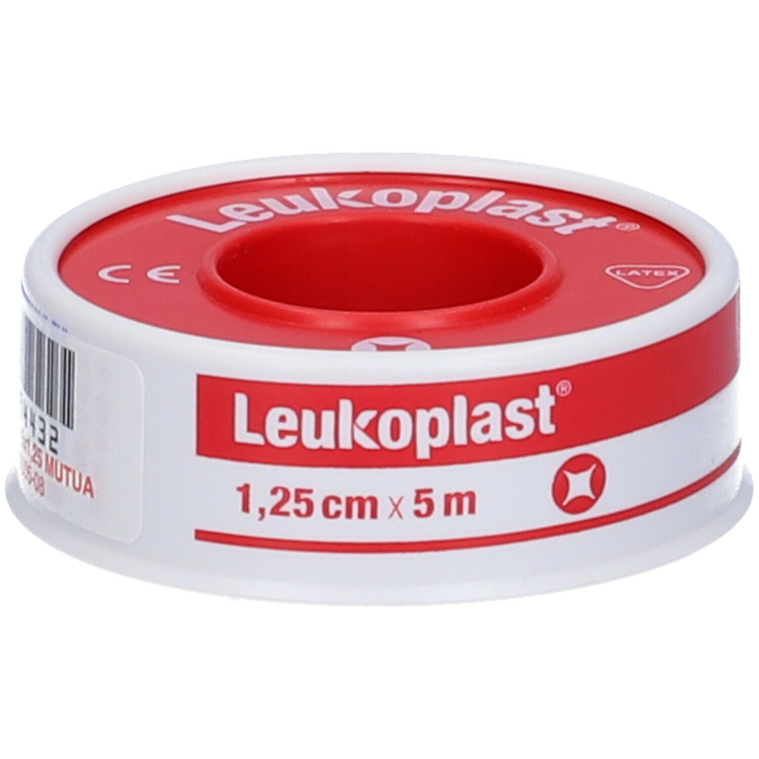 Rotolo di Leukoplast rosso e bianco. Scritta: Leukoplast, 1,25 cm x 5 m. Con marchio CE e codice a barre.