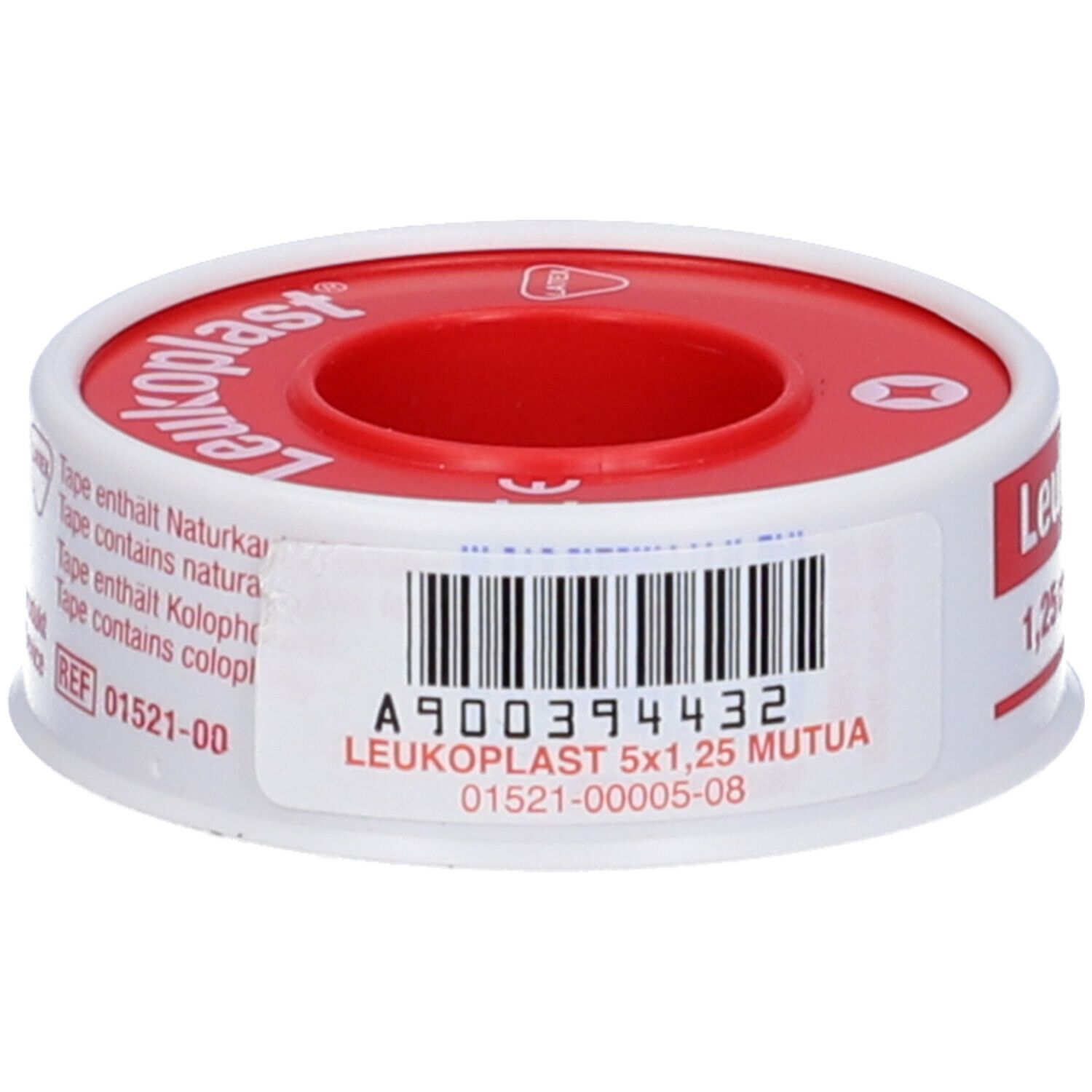 Rotolo di Leukoplast rosso e bianco. Scritta: Leukoplast 5x1,25 Mutua. Con codice a barre e marchio CE.