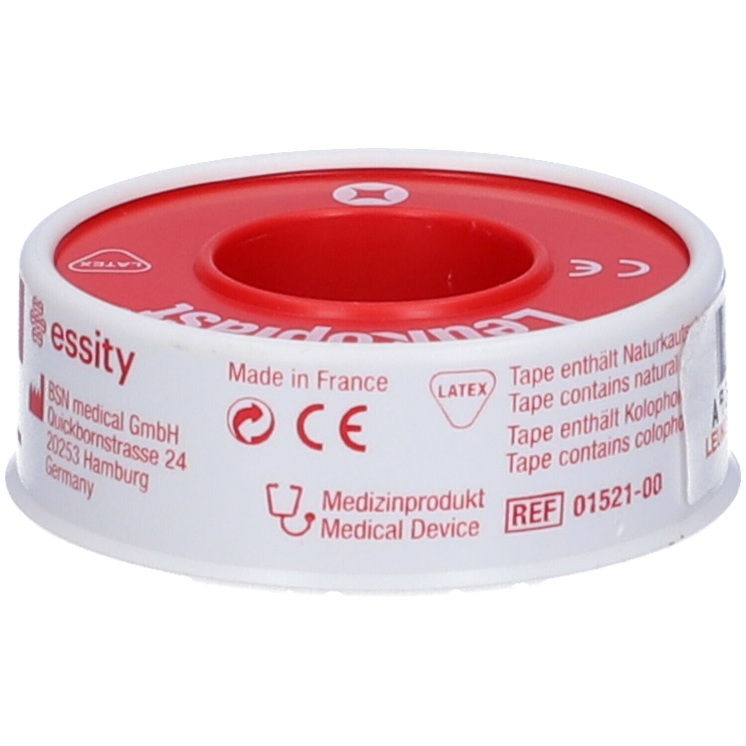 Rotolo di Leukoplast rosso e bianco. Scritta: Leukoplast. Dispositivo medico. Con marchio CE e simbolo lattice.