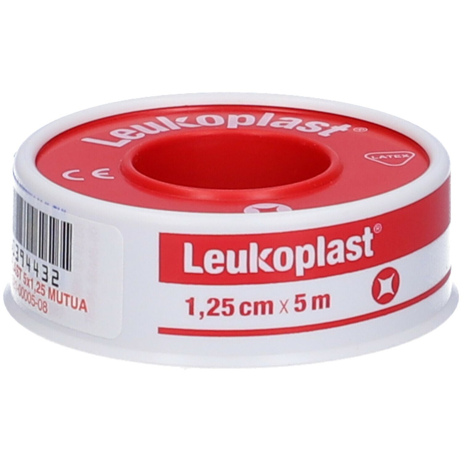 Rotolo di Leukoplast rosso e bianco. Scritta: Leukoplast, 1,25 cm x 5 m. Con marchio CE e codice a barre.