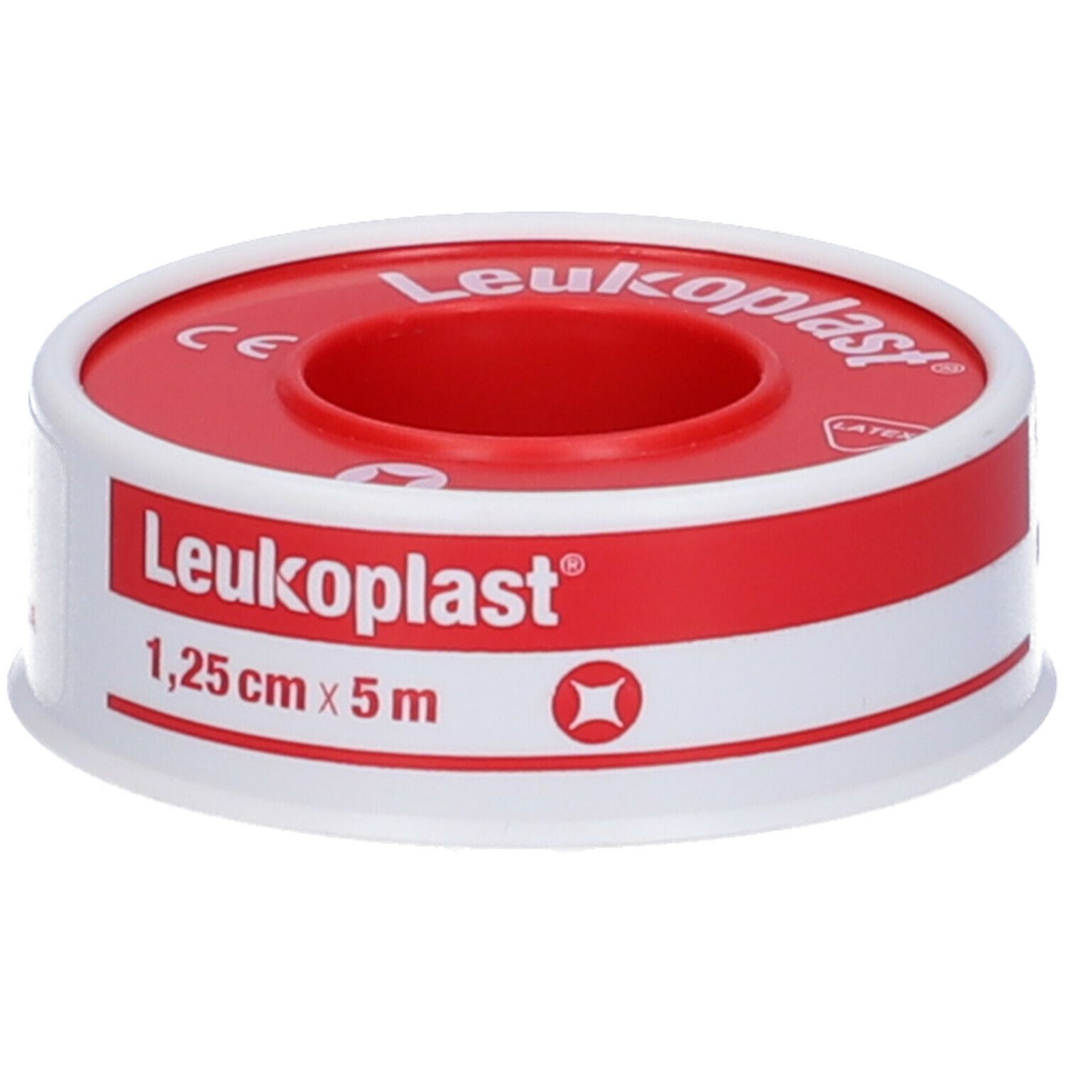 Rotolo di Leukoplast rosso e bianco. Scritta: Leukoplast, 1,25 cm x 5 m. Con marchio CE.
