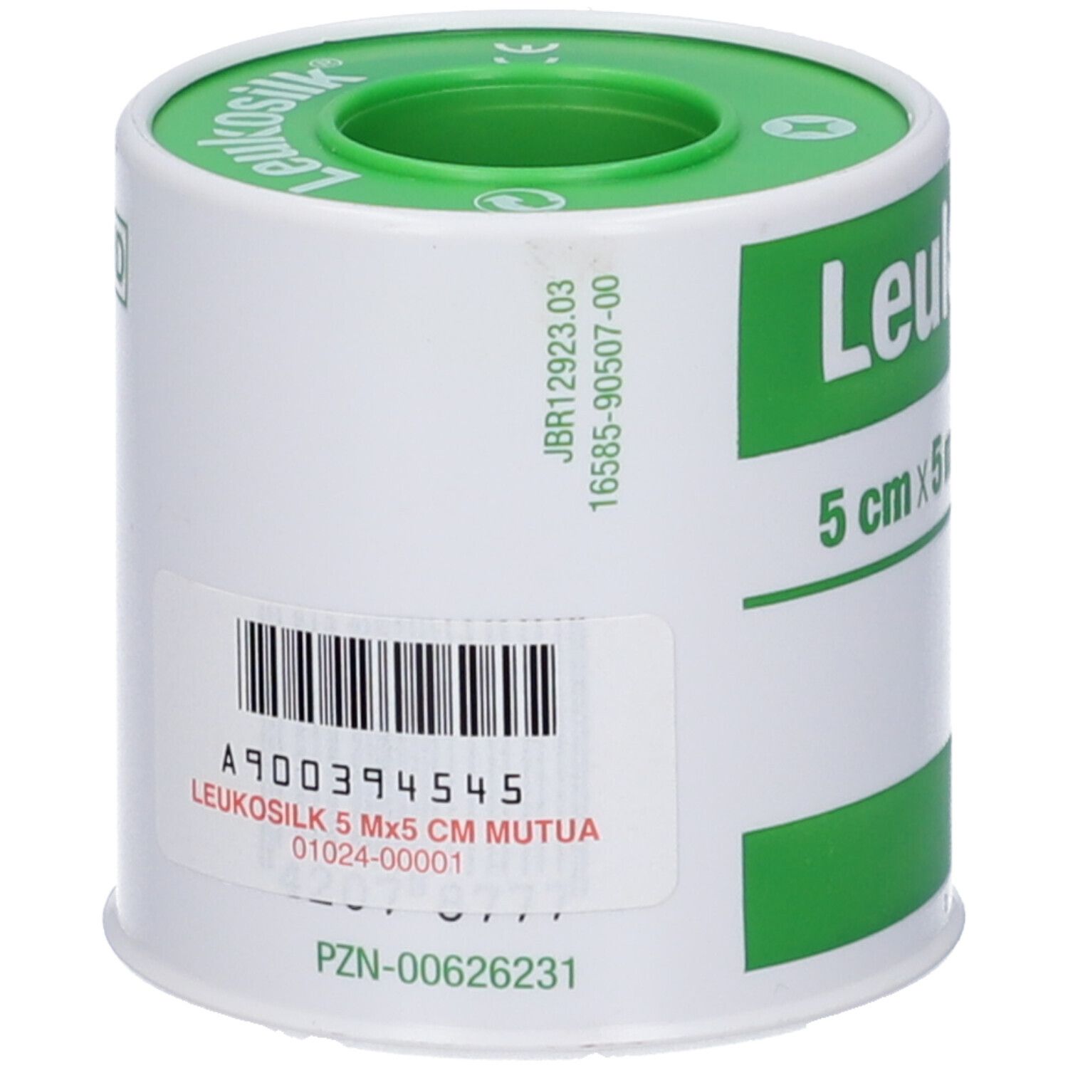 Rotolo Leukosilk, 5 cm x 5 m. Bianco, verde. Codice a barre, scritta Leukosilk, marchio CE.