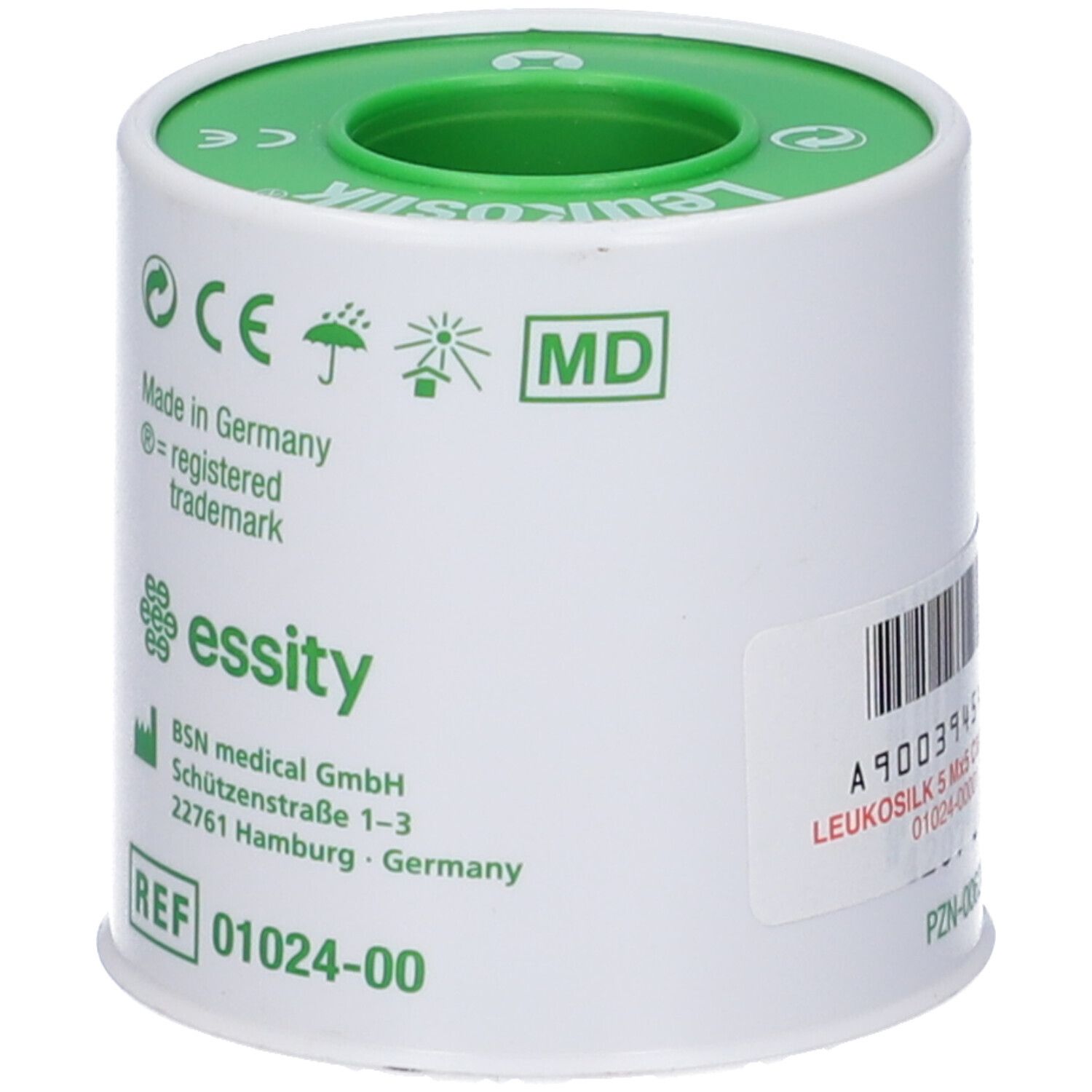 Rotolo Leukosilk, 5 cm x 5 m. Bianco, verde. Scritta essity, marchio CE, simbolo MD.