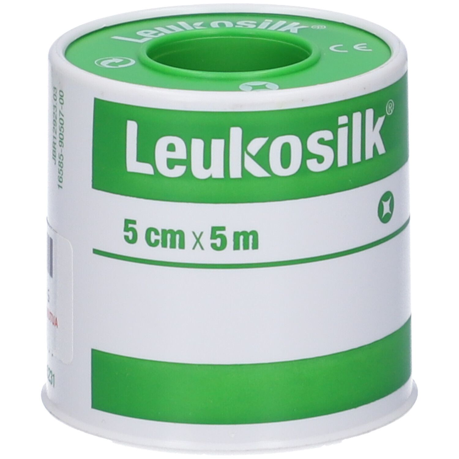 Rotolo Leukosilk, 5 cm x 5 m. Bianco, verde. Scritta Leukosilk, marchio CE.