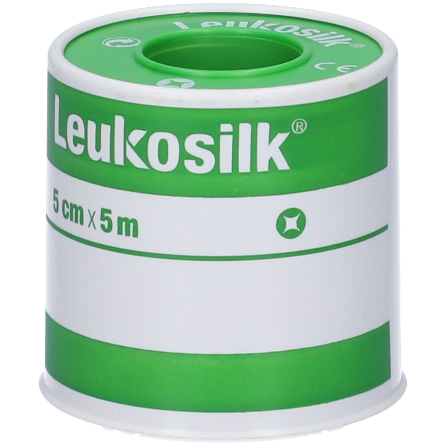 Rotolo Leukosilk, 5 cm x 5 m. Bianco, verde. Scritta Leukosilk, marchio CE.